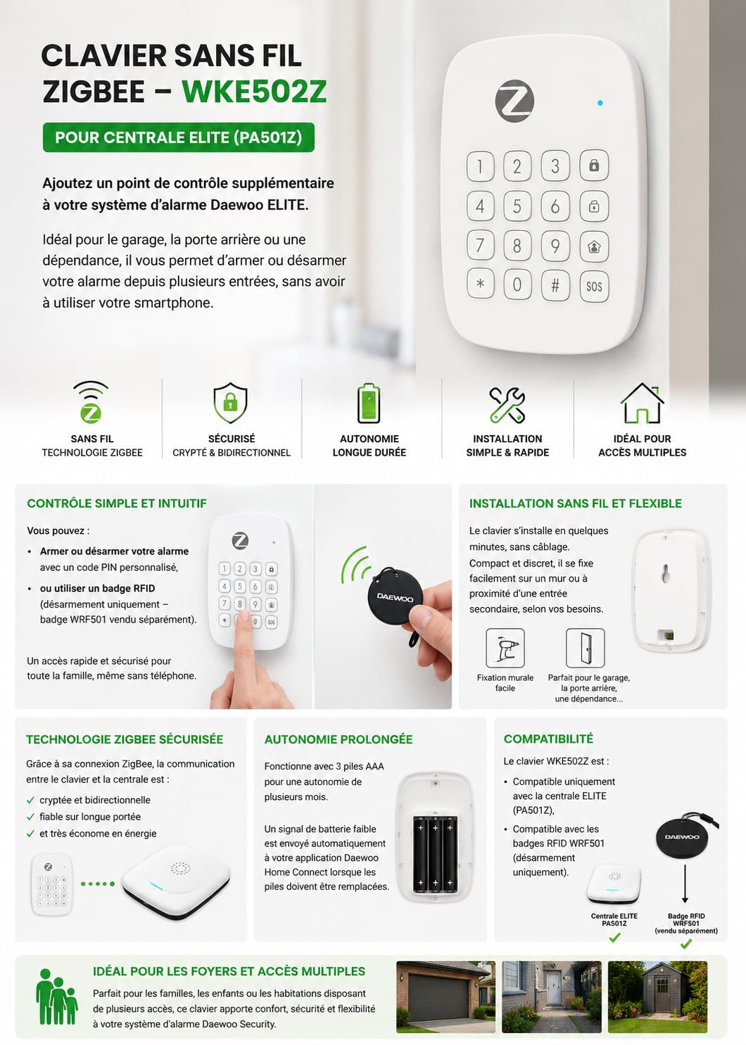 Clavier sans Fil ZigBee Daewoo WKE502Z – Lecteur RFID Intégré – Compatible Centrale Elite PA501Z – Armer Désarmer Code PIN ou Badge – App Daewoo Home Connect