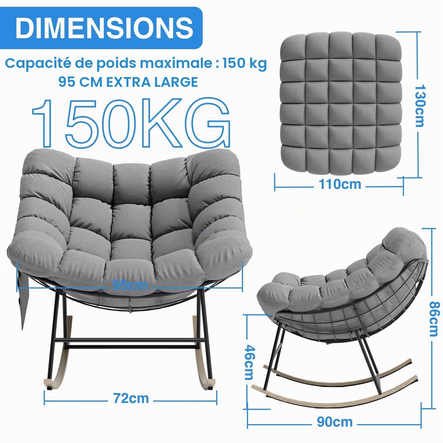 Fauteuil a Bascule Grand Extérieur avec Poche Latérale pour Salon, Jardin