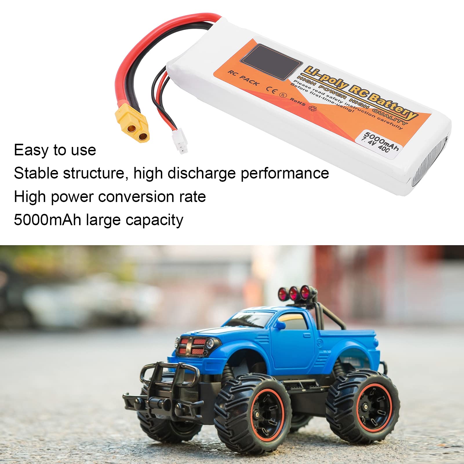 Batterie Lipo 2S 7.4V 5000mAh 40C - Connecteur XT60 - Pour Drones RC, Voitures, Avions - Haute Performance