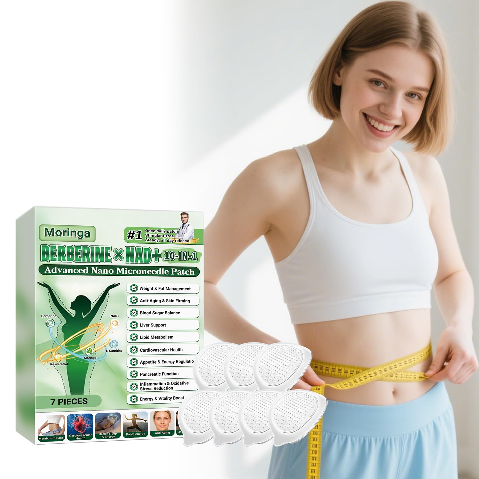 Moringa Berberin x 𝐍𝐀𝐃+ 10-in-1 Advanced Nano Mikronadelpatches,Nano Mikronadel Pflaster,Sanftes Körperpatch für alle Körpertypen,Gewichts- und Fettmanagement, Abnehmpflaster (1 Pack)