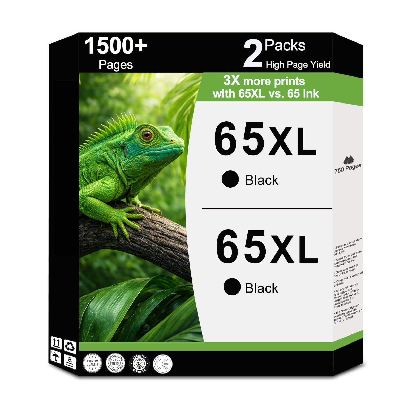 65XL Black Ink Cartridge High-yield Replacement for HP 65 XL HP65XL Work for Envy 5055 5000 5070 5052 5010 Deskjet 3755 3700 3772 3752 3722 2600 2622 2652 2655 2640 Printers with V10.5.1 Chip, 2-Pack