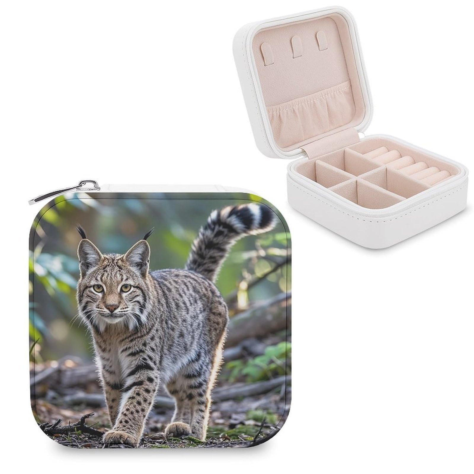 FekiLoot Wild Bobcat Jewelry Case Personalized Leather Jewelry Box Mini Travel Jewelry Case Small Portable Jewelry Organizer for Ring Earrings Necklace Bracelet