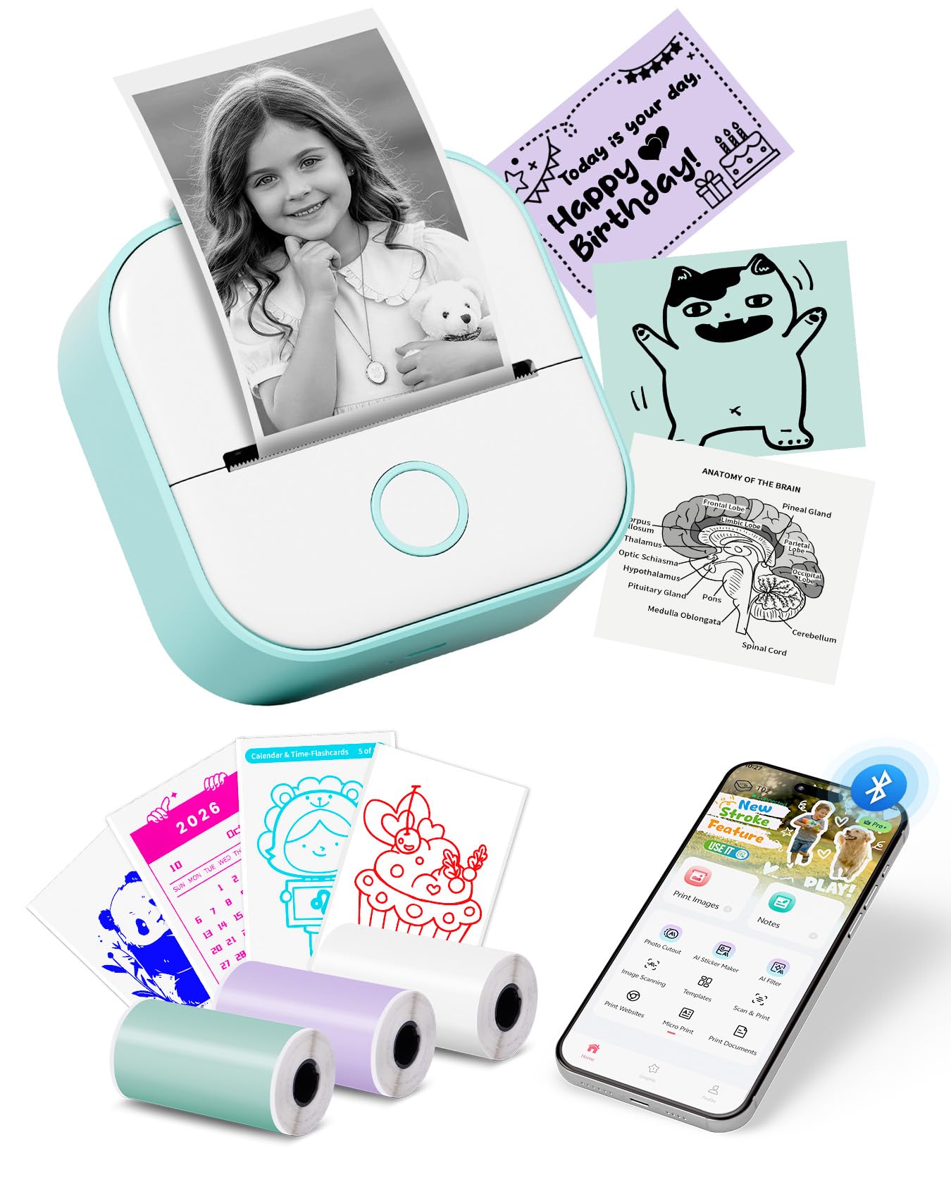 Memoking Print Pods Mini Printer T02, Thermal Sticker Printer for Kids, Smart AI APP, Portable Bluetooth Sticker Label Maker Machine, Instant Print from iPhone Android for Study, Anatomical Diagrams