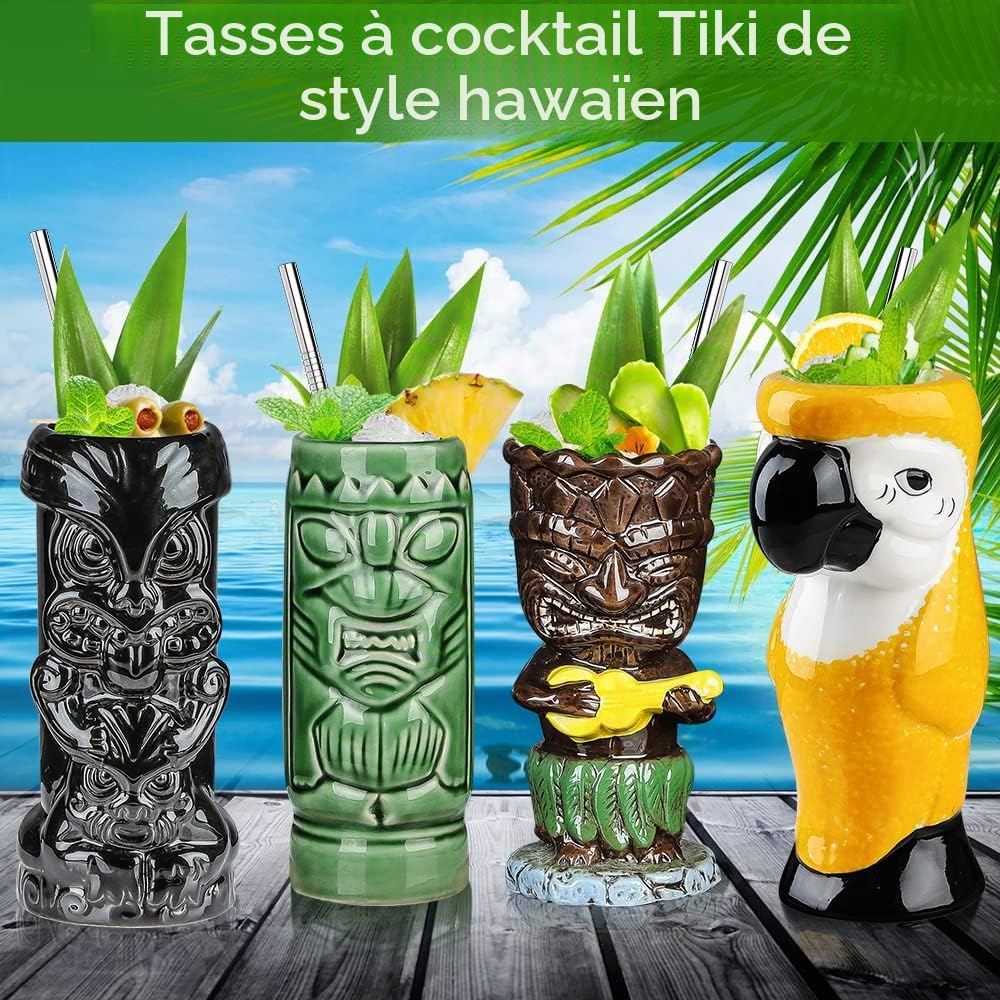 Lot de 4 Verres Tiki en Céramique pour Cocktails - Tasses Tropicales Hawaïennes pour Fête Créative, Grand Bar - Qualité Supérieure