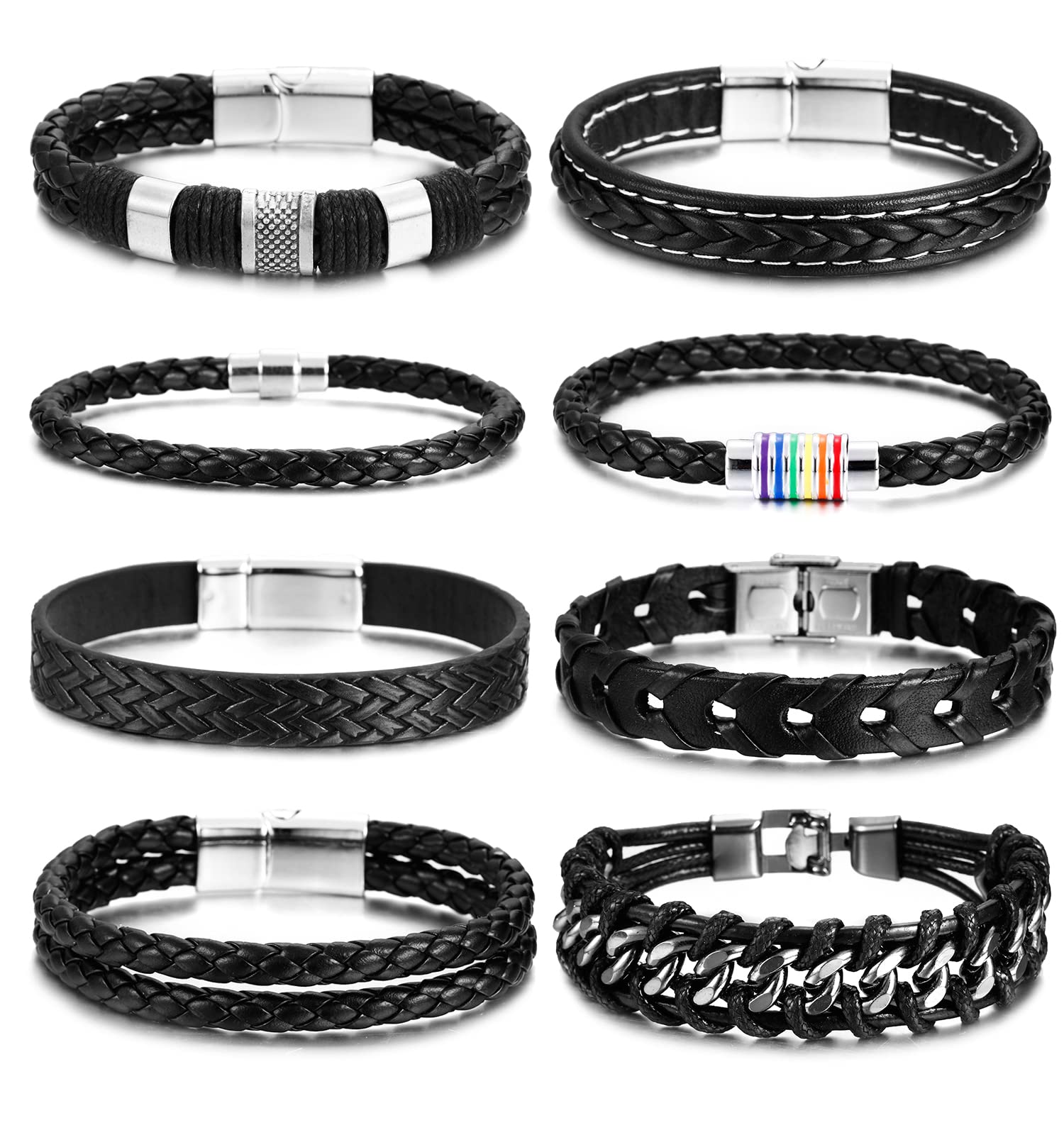 BOMAIL8Pcs Black Leather Bracelets for Men Women Black Leather Wristband Cuff Wrap Bracelets with Magnetic Clasp Punk Leather Bracelets Set