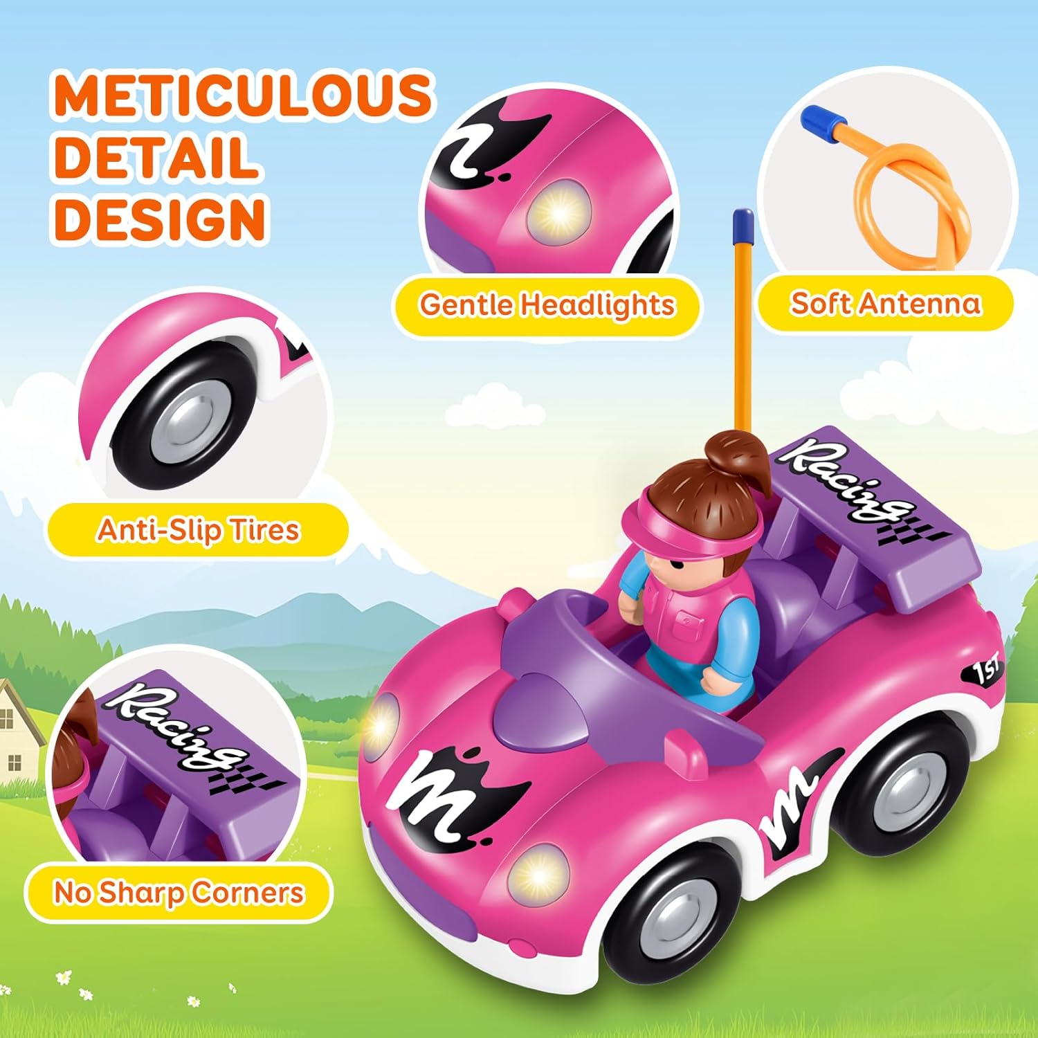 Pup Go Toddler RC Cartoon Race Car for 18 Months for Girls, 2 Removable Interchangeable Dolls with Music and Lights, First Remote Control Racing Car (Pink Purple)