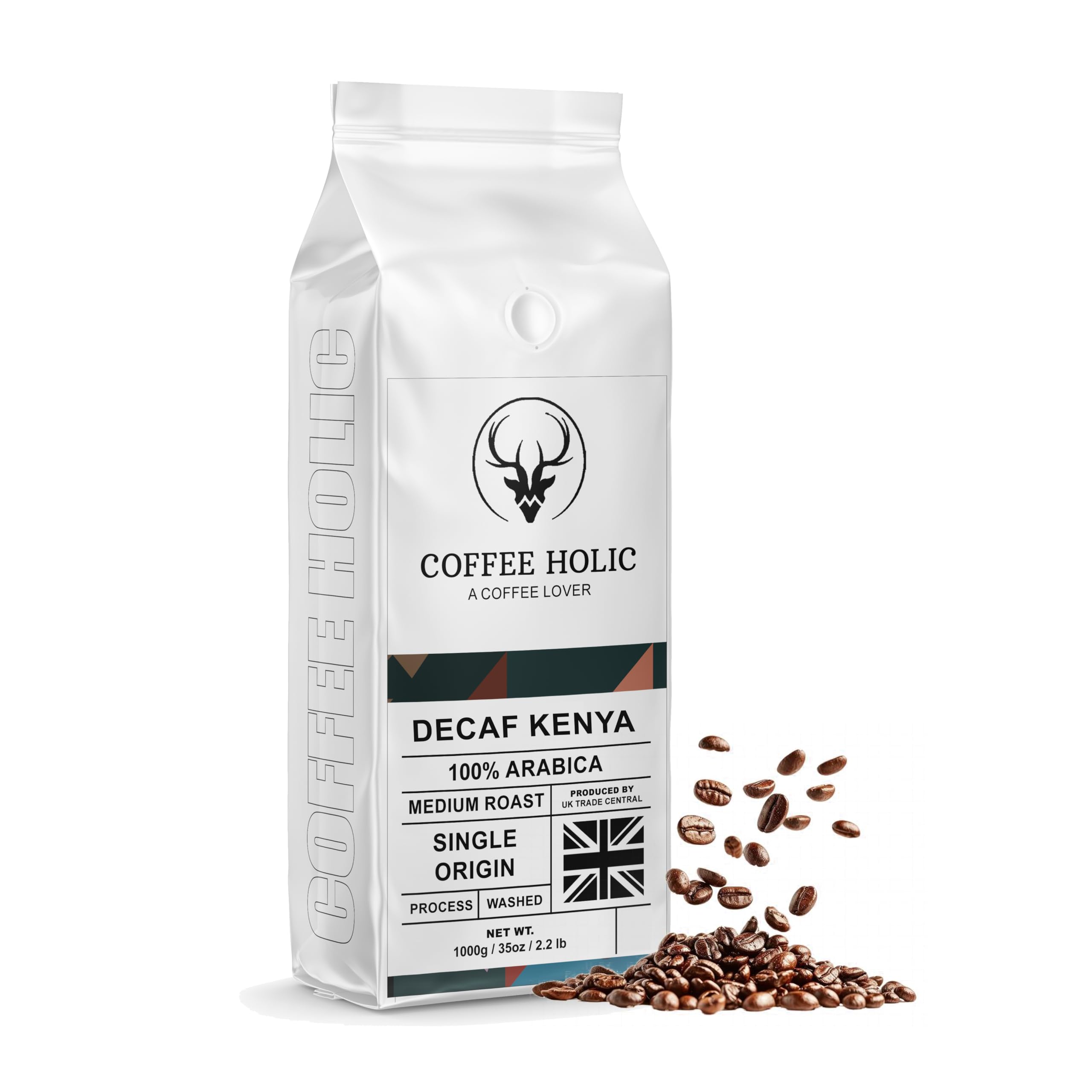 CoffeeHolic - Decaf Kenya Coffee - (Arabica) - Medium Roast Beans - Rich Flavoured - Premium Coffee Beans 1Kg