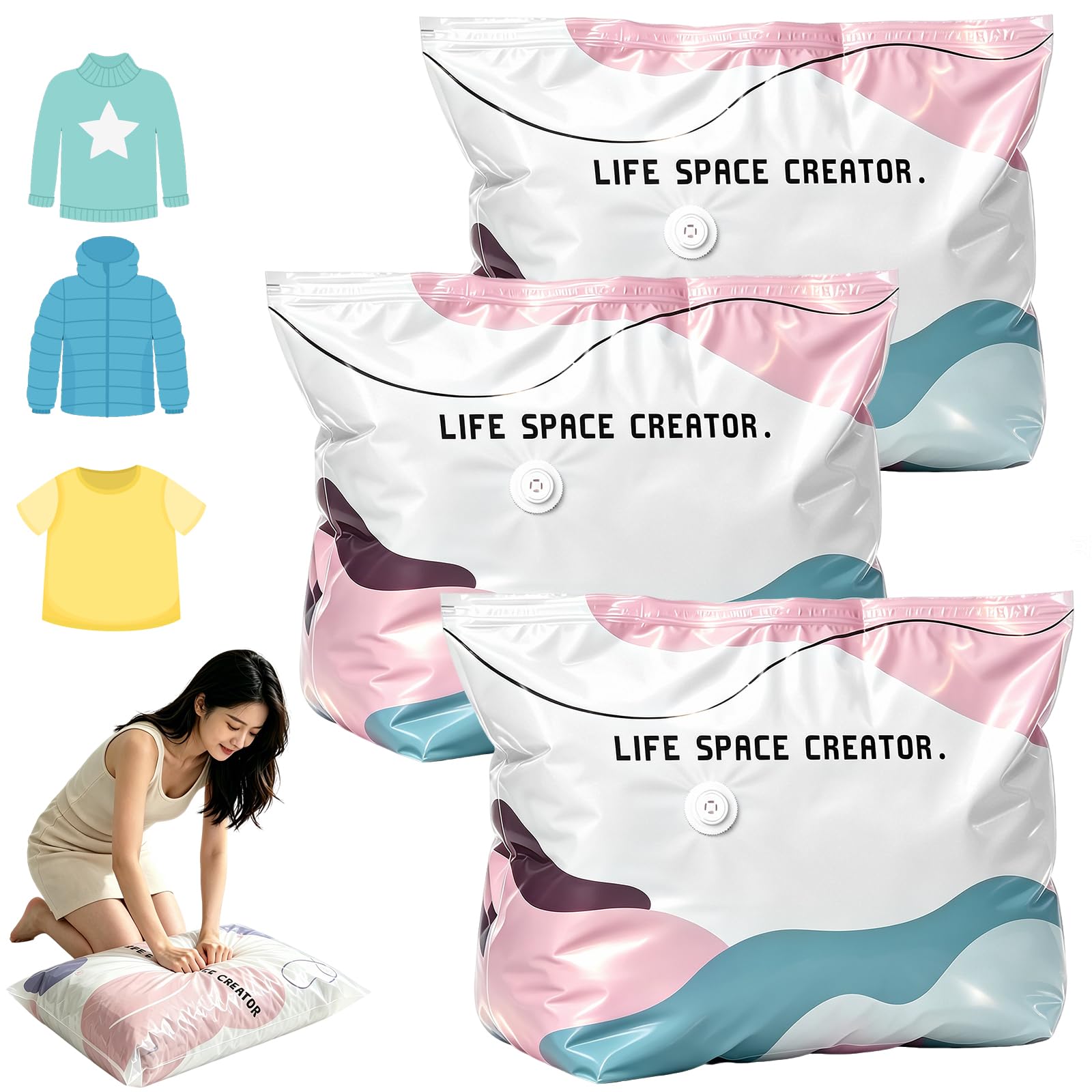 3 Packs No Pump Vacuum Storage Bags, Compression Bags for Storage, Space Saving Vacuum Storage Bags for Home Clothes Blanket Comforters (3, M)
