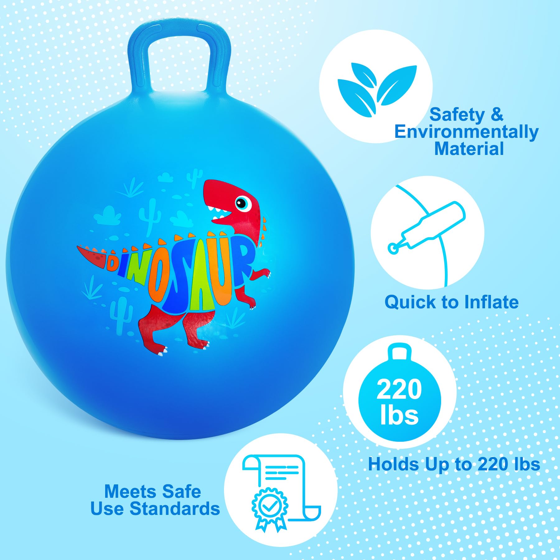 INPODAK 18inch Space Hoppers for Kids Age 3-8 Blue Dinosaur Space Hopper Anti-slip Hopper Ball with Handle Inflatable Jumping Balls with Handpump Jumping toy for Boy Girls Indoor Outdoor Garden Game - Image 3