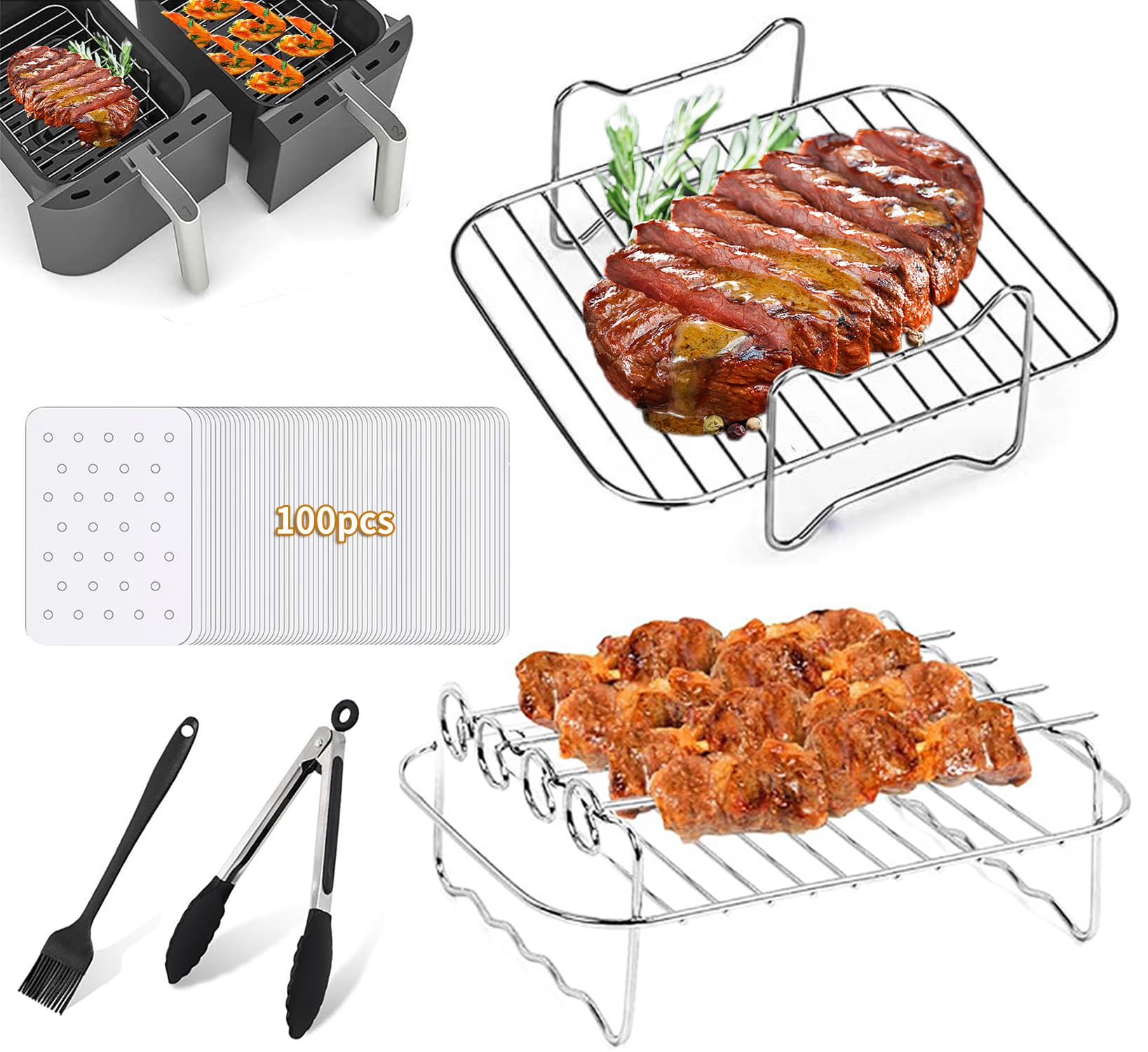 Lebreary Ninja Dual Air Fryer Accessories, 2Pcs Air Fryer Rack, BBQ Rack with 4 Skewers, for Ninja Foodi DZ201 DZ401 and Ninja 8QT-10QT Air Fryers, 100 Paper Liners - 5Pcs Set