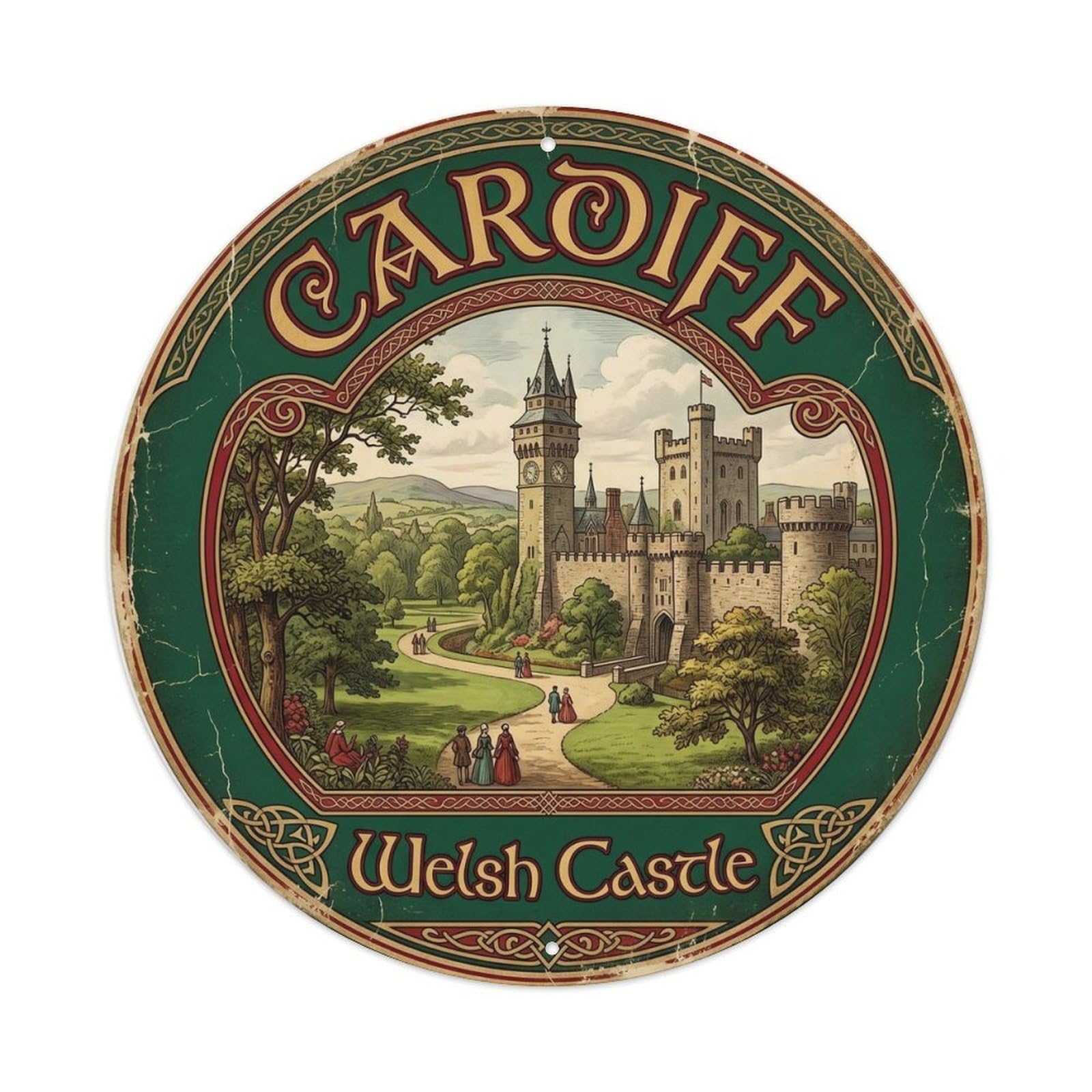 Cardiff Castle Wales Cartography Vintage Landmark Travel Metal Tin Sign Plaque Wall Decor for Cafe, Man Cave, Club Bar, Office, Home Garden Round Metal Poster 8x8Inch