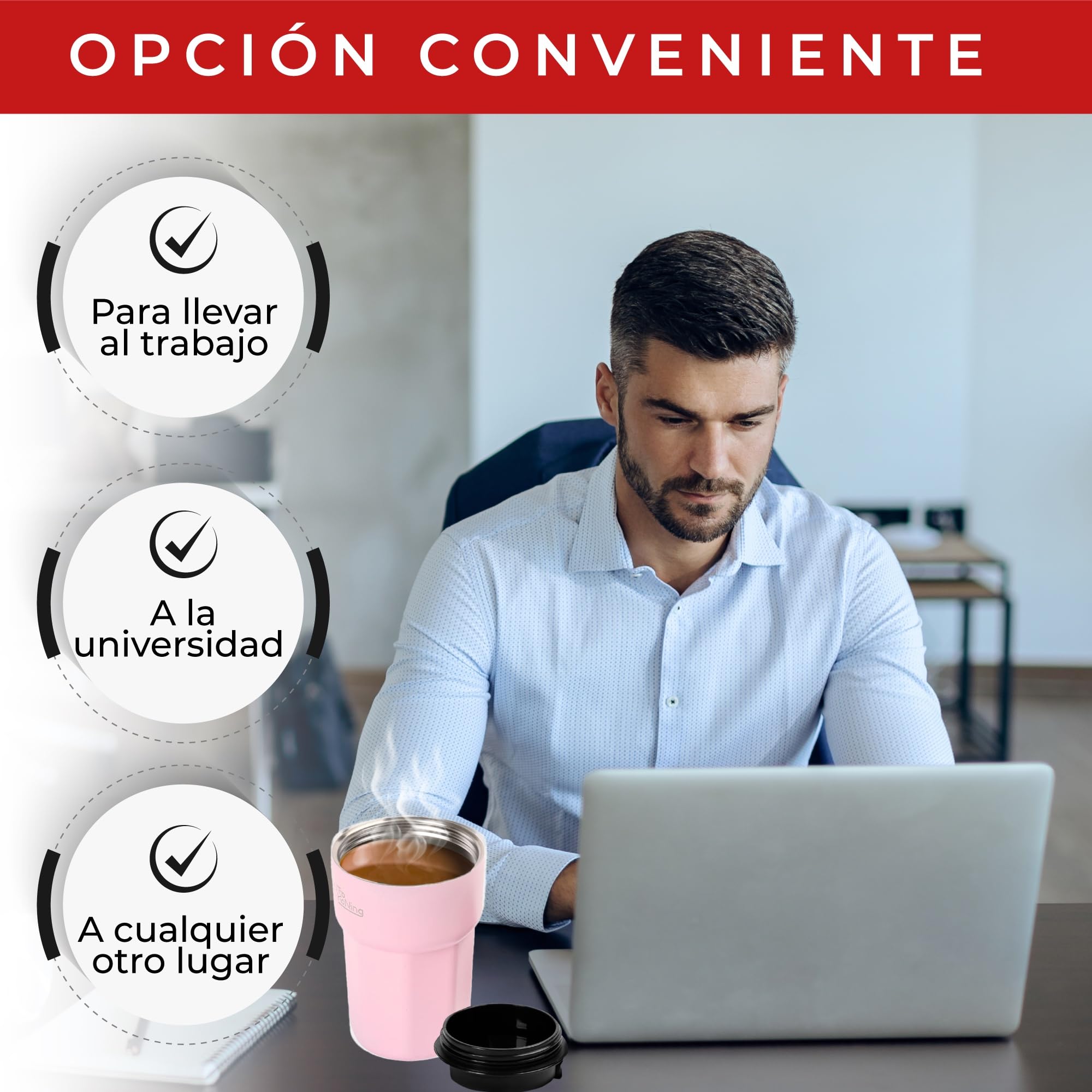 Otto Koning Termo Café 350ml. Taza de Café 100% a Prueba de Fugas, de Acero Inox sin BPA. Vaso Termo Café para llevar, Vaso Térmico para café, agua, té caliente y frío — view 4