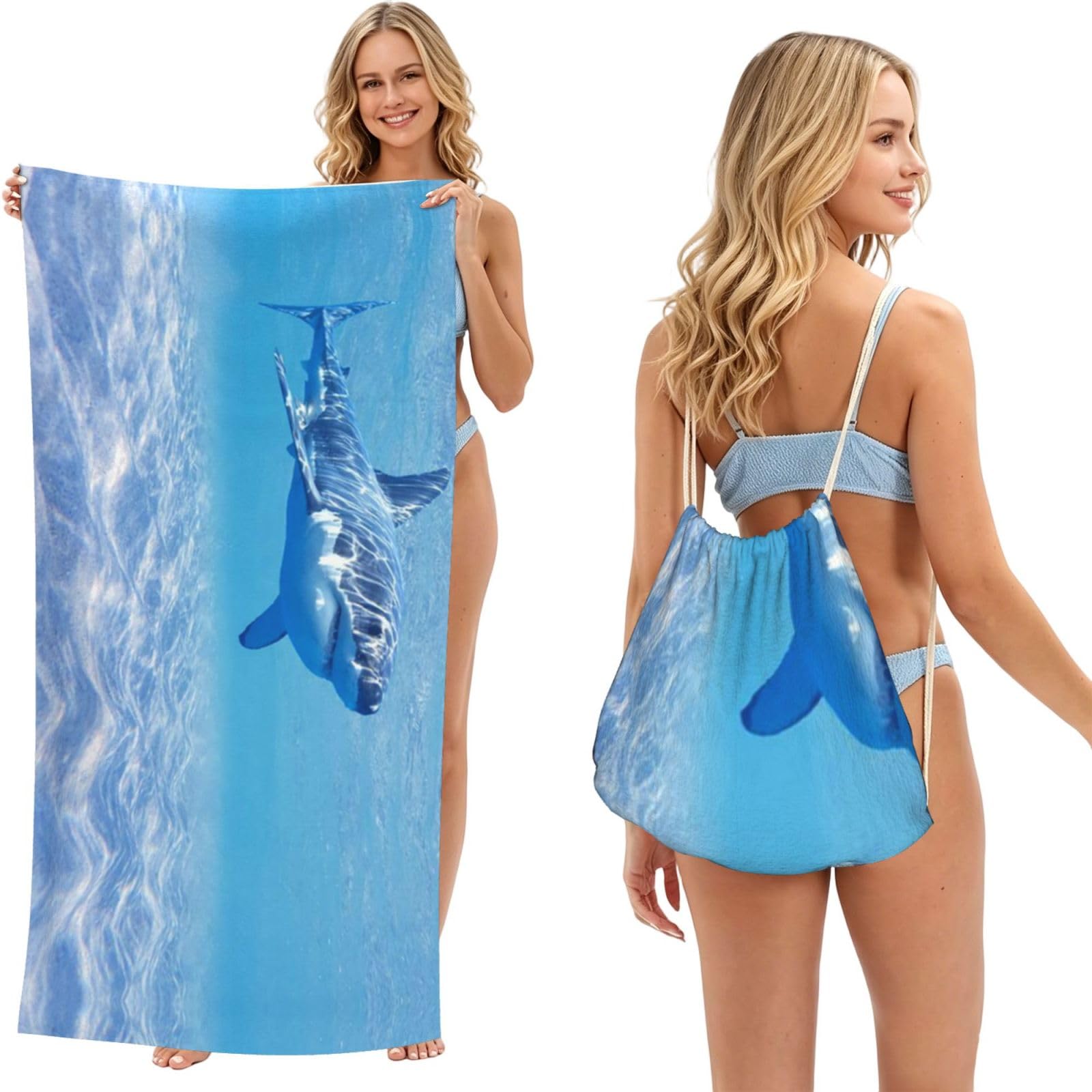 WSHFFILO Ocean sharks printed 2 in 1 Packable Towel Bag Bath Towel Beach Towel