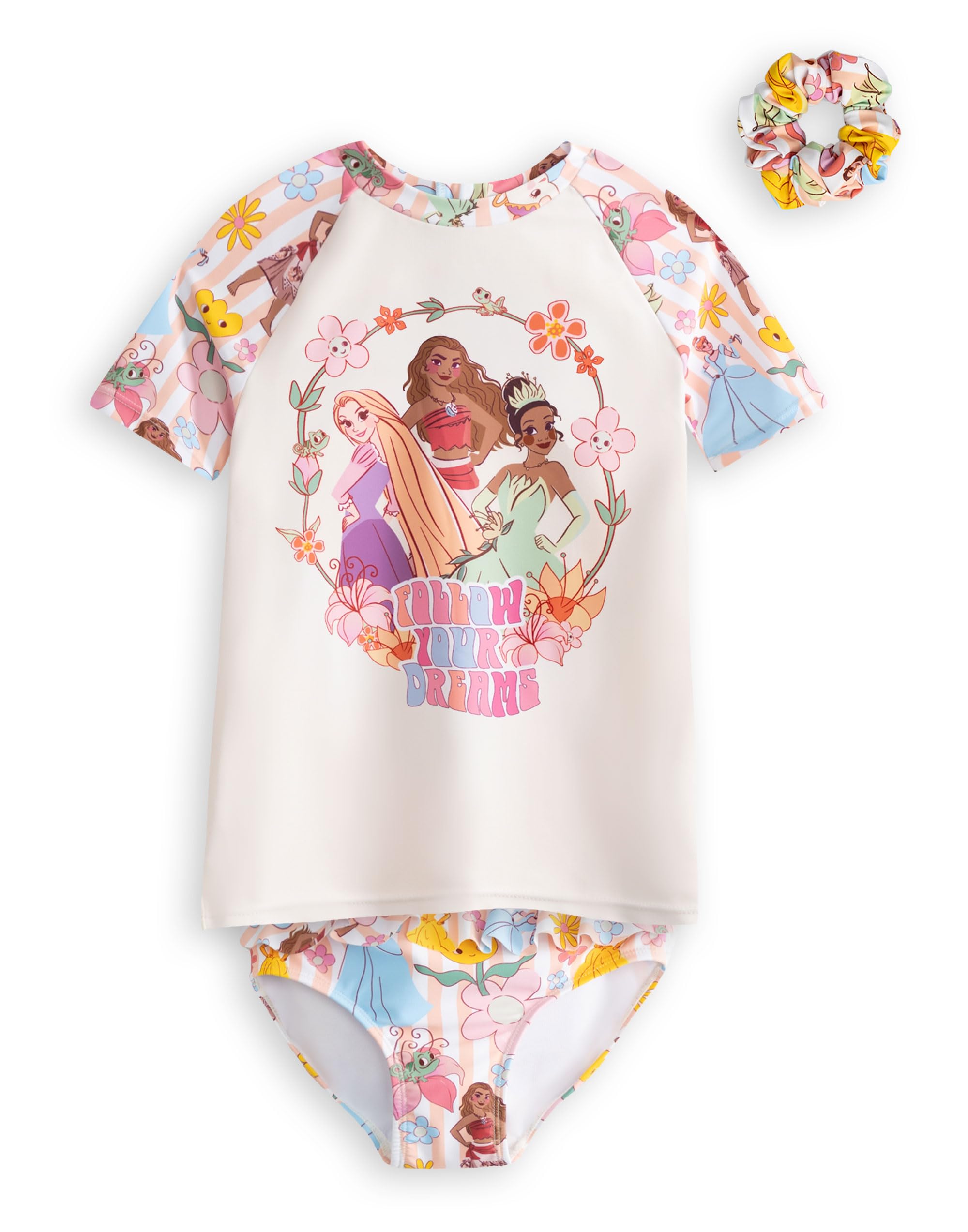 Disney Girls Pink Rapunzel Moana Tiana Multi 3 Piece Swim Set | Short Sleeve Zip-Up Rash Guard With Hair Scrunchie | Princess Graphic Beachwear | Holiday Beach Outfit Merch - 4-5 Years