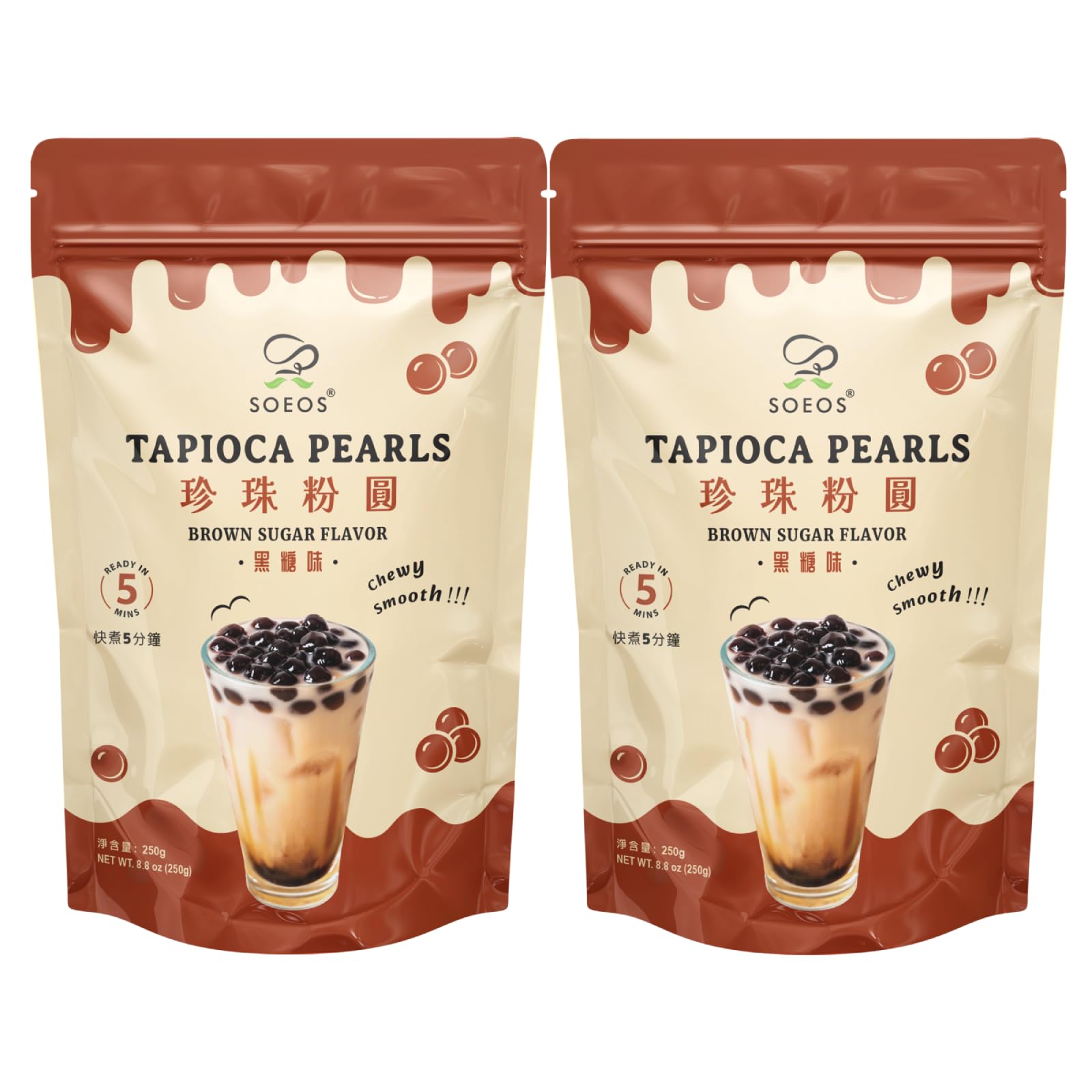 Soeos Boba Pearls, Black Tapioca Pearls 8.8 oz (Pack of 2), Black Sugar Flavor Boba Pearls for Bubble Tea, Smoothies & Desserts – Sweet, Chewy, and Ready to Cook