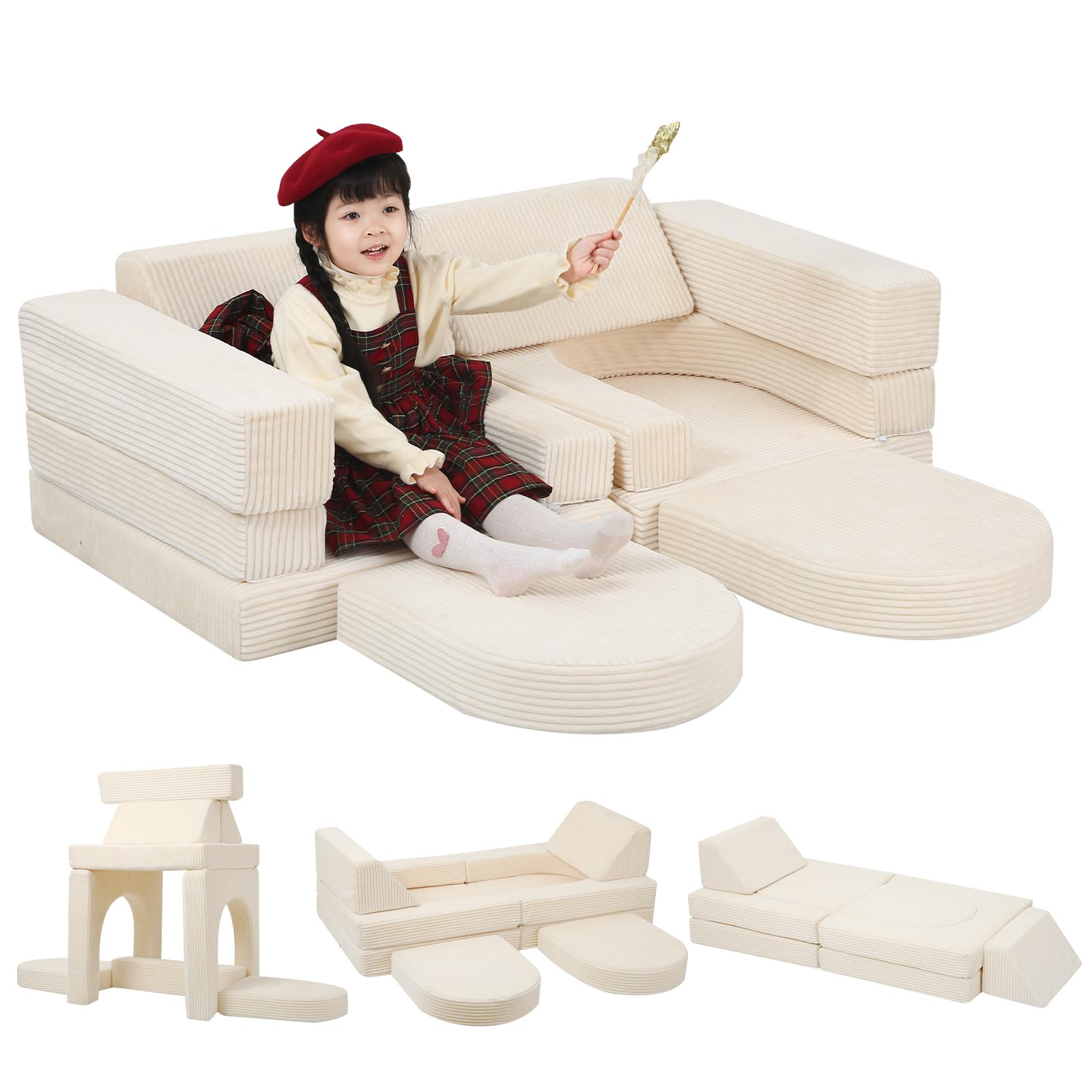 MeMoreCool Kids Couch for Playroom, 10 Piece Modular Play Sofa, Corduroy Convertible Toddler Couch, Foam Fort Building Set for Child Room Furniture, Beige
