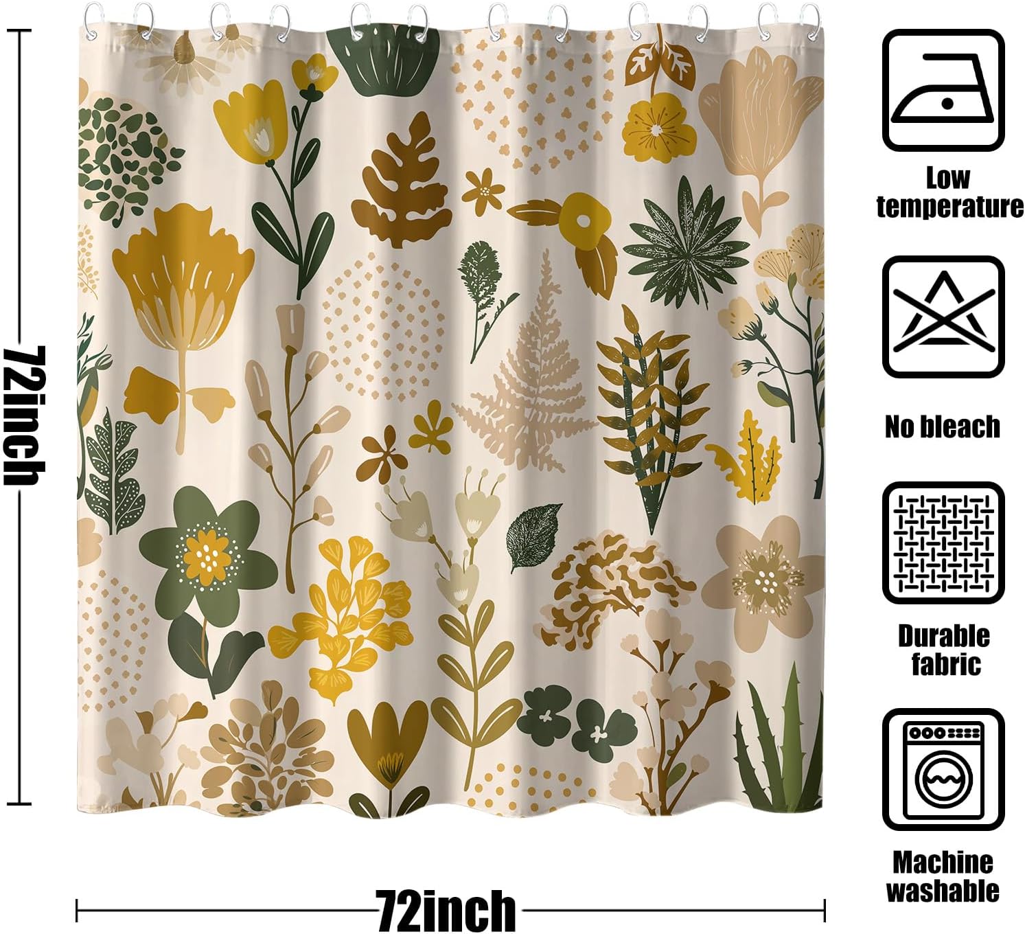 Lush Floral Shower Curtain Set Dense Flower Print Waterproof Bathroom Decor Organic Botanical Theme 72x72 Inch
