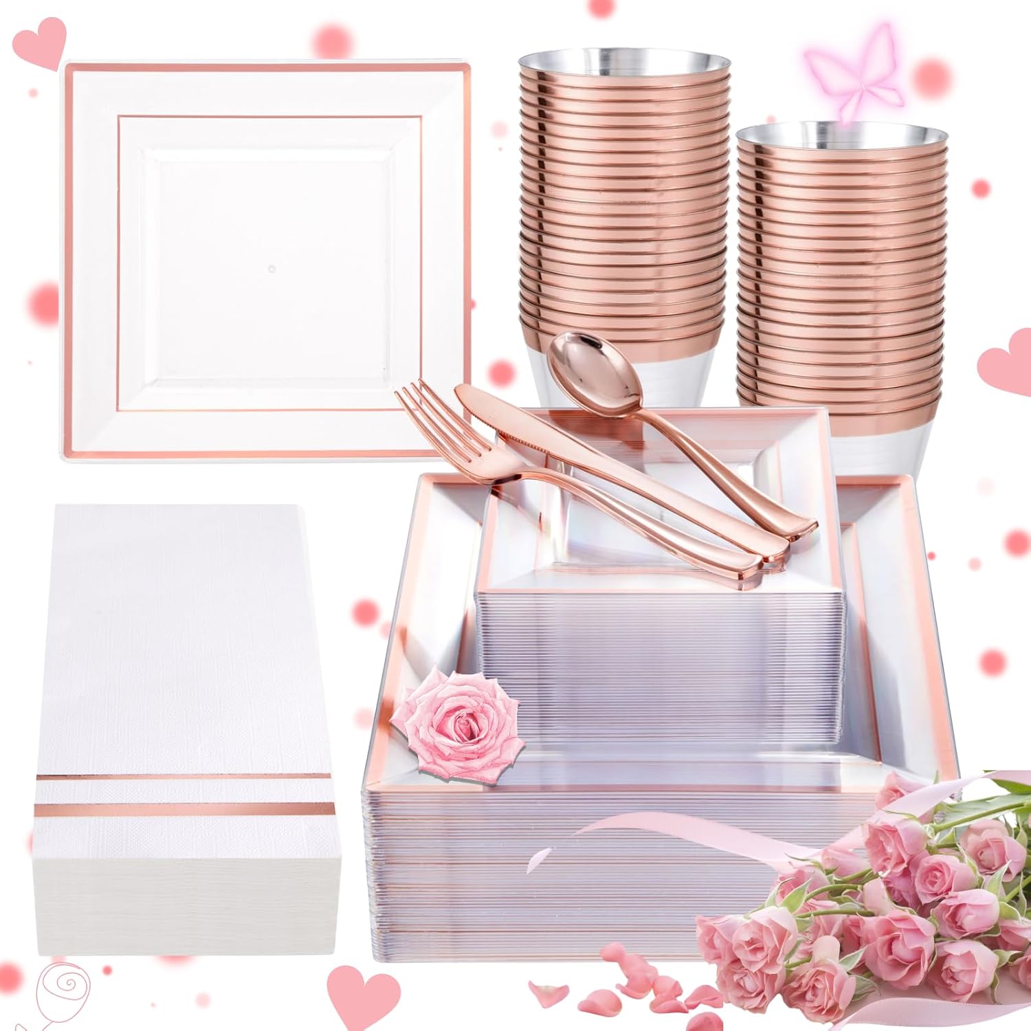 festiva 350pcs rose gold plastic plates - clear rose gold disposable dinnerware sets for 50guests include 100 plates 50 cups 50plastic cutlery 50napkins perfect for party&wedding
