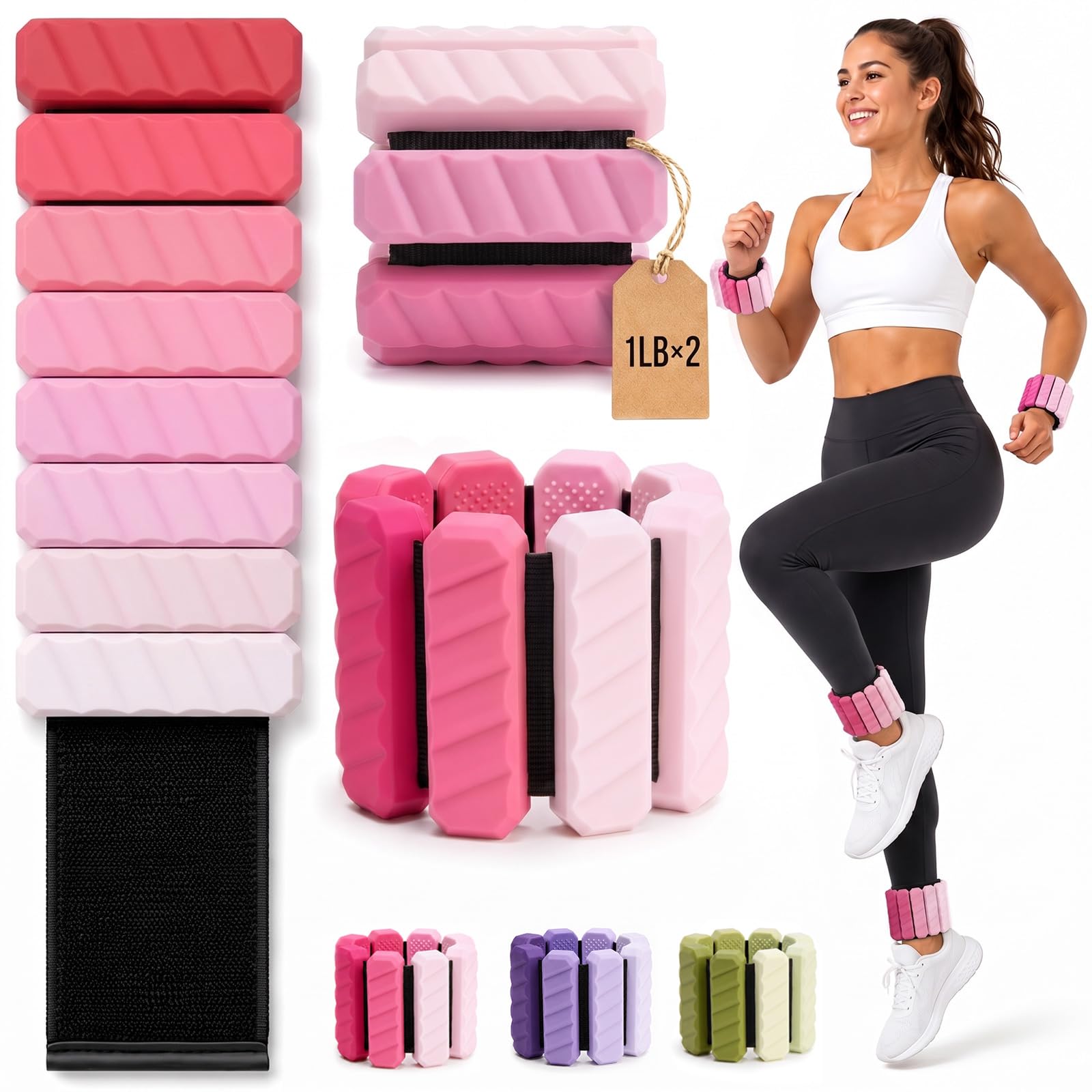 Adjustable Ankle Weights, Washable Wrist and Ankle Weights for Women Men Set of 2/4 (1lb Each), Silicone Arm and Leg Weights for Home Gym Workout, Running, Yoga, Exercise, Strength Training