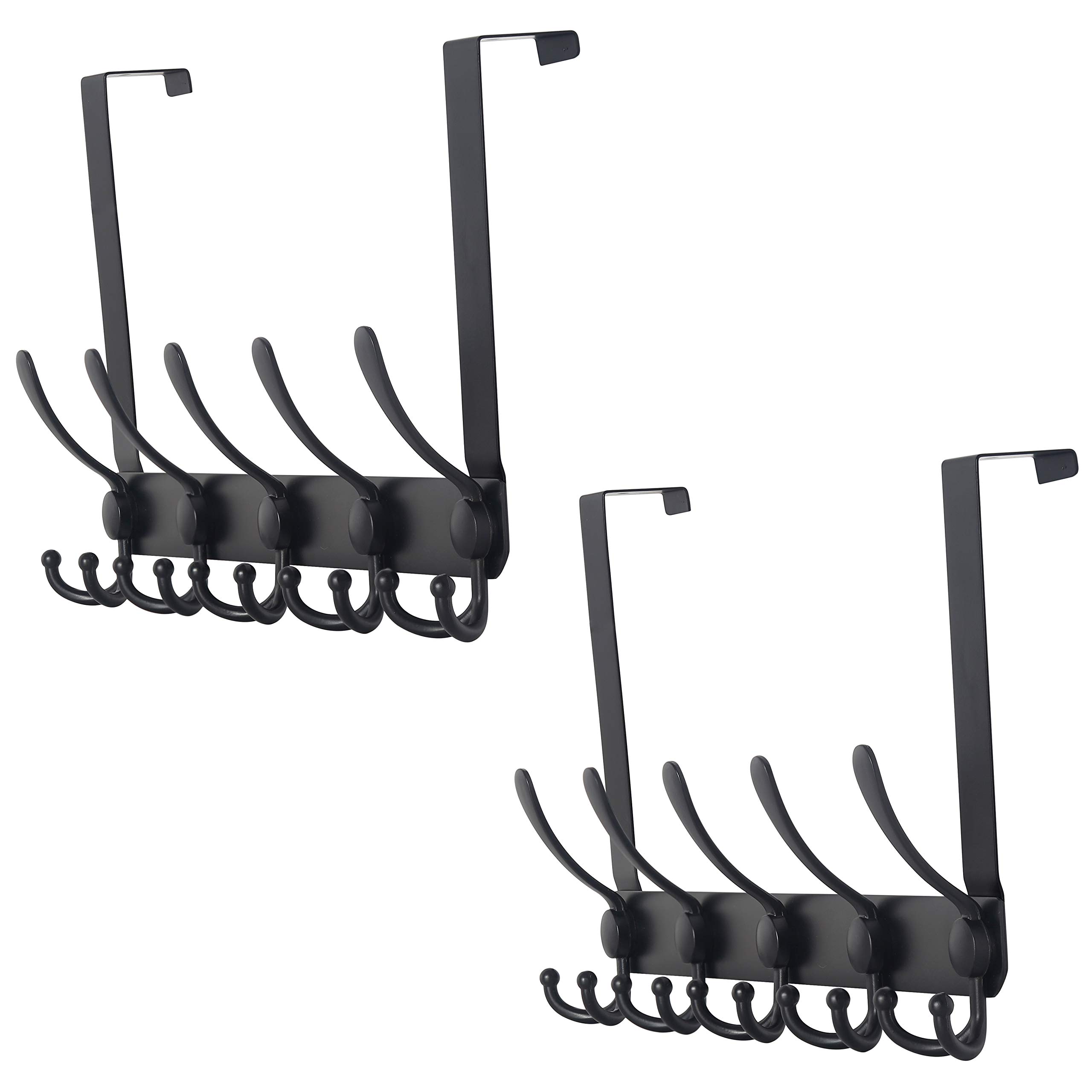 Dseap Black Over The Door Hook Hanger - Fits 35Mm To 45Mm Doors | 5 Tri Hooks Heavy Duty Towel/Coat Rack | Door Organizer For Clothes, Jackets, Hats, Towels, Pack Of 2