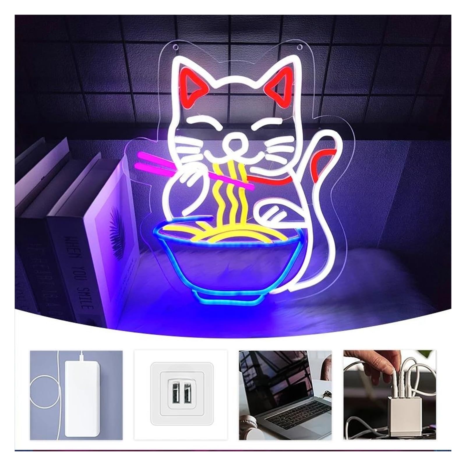 Décor Mural Lumière Enseigne Au Néon Ramen Chat Fortune Pour Décoration Murale, Lumières Néon Chat Alimentées Par USB, Utilisées Pour La Décoration De Cuisine Magasin 32.5cm×40cm