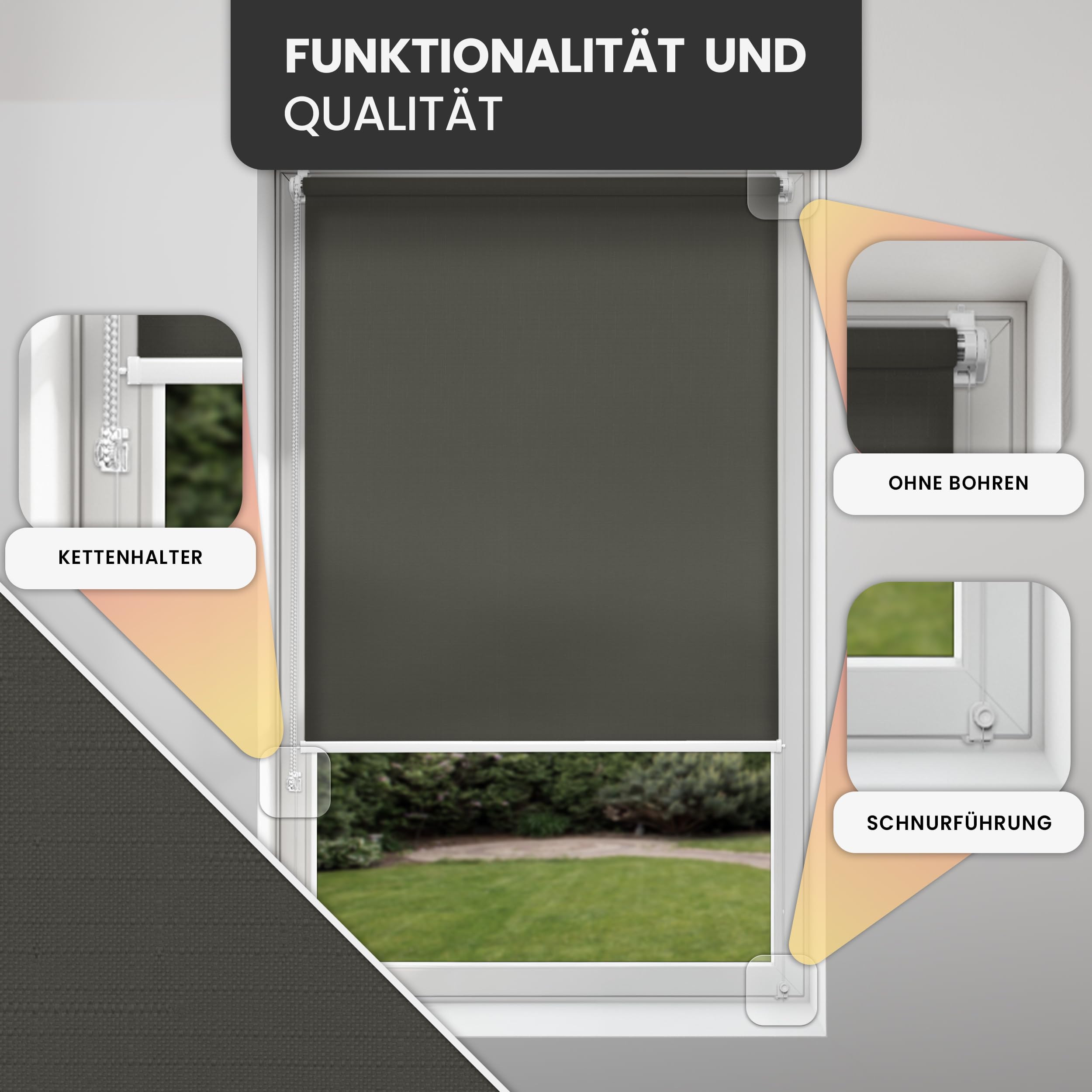 Sichtschutz Rollo ohne Bohren - Dunkelgrau, Breite: 140cm, Höhe 120 - Rollos für Fenster ohne Bohren, Fenster rollos für innen, Jalousien zum Klemmen, Klemmrollo