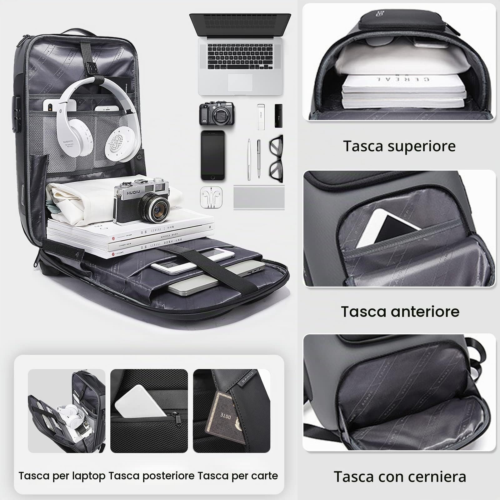 FANDARE Antifurto Zaino Ufficio Uomo Porta PC e USB - Borsa Impermeabile per Business Viaggio Lavoro Scuola - Grigio