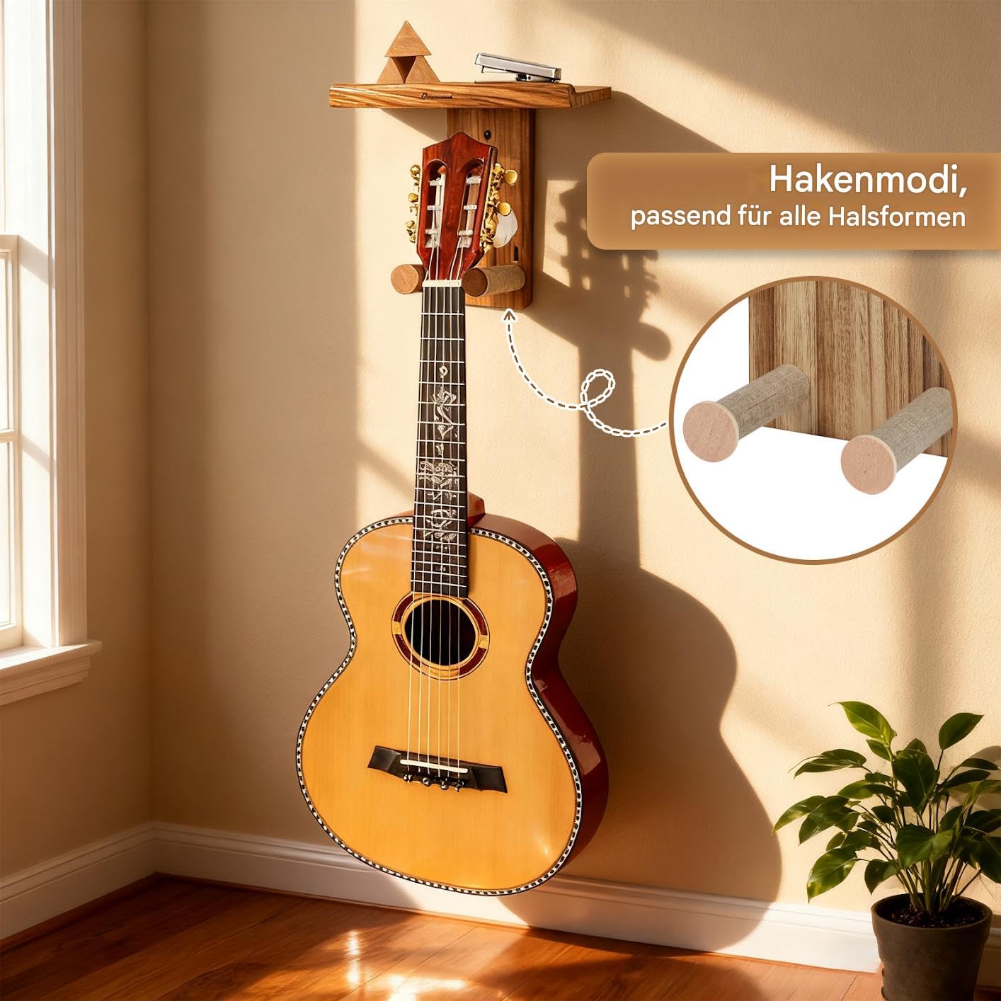 BestYiJo 2 soportes de pared para guitarras de madera, con estante y soporte para púas - Ajustable para acústica, guitarra eléctrica, bajo y ukelele - Juego de soportes para guitarra de madera maciza