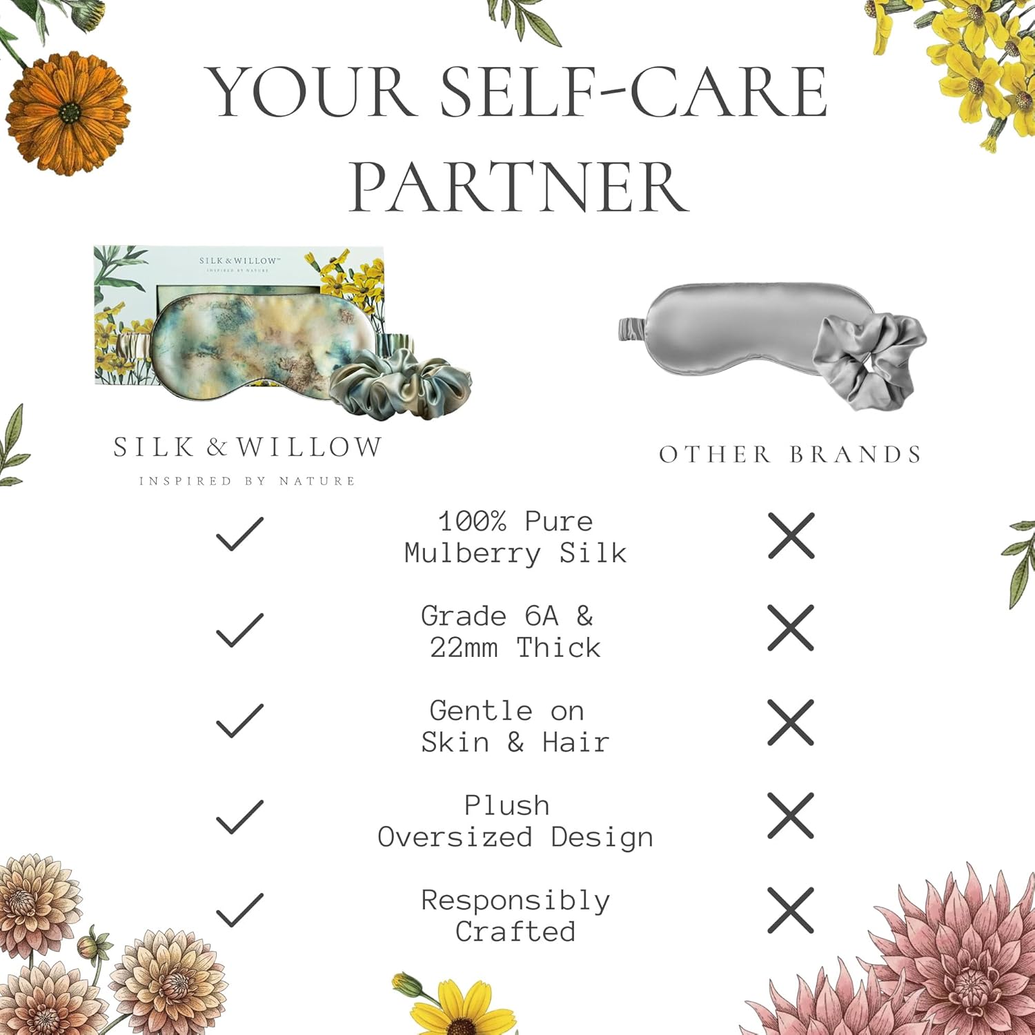 SILK & WILLOW - Botanical Print Pure Mulberry Silk Eye Mask & Scrunchie Gift Set, Luxurious Sleep Eye Mask & Hair Accessory Bundle, Durable Nature-Considerate Wellness Gifts for Women, Seascape
