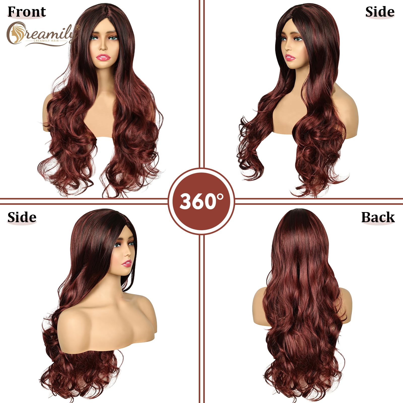 Creamily Long Hair Wig for Women,Red Ladies Wigs Natural Hair Full Head,Synthetic Curly Wig for Cancer Patients Women for Women Halloween Cosplay 3