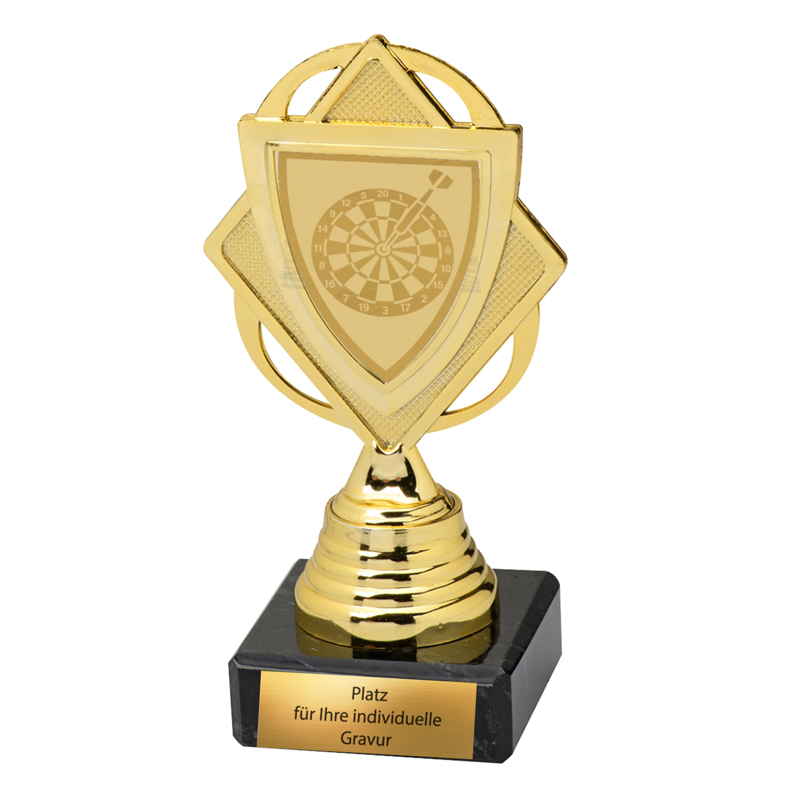Dart Pokal 13,5 cm mit Marmor-Sockel | Pokalserie in Gold Silber Bronze für Darts-Turnier & Wettbewerb | mit Gravur Trophäe für 1. 2. 3. Platz (3-er Set)