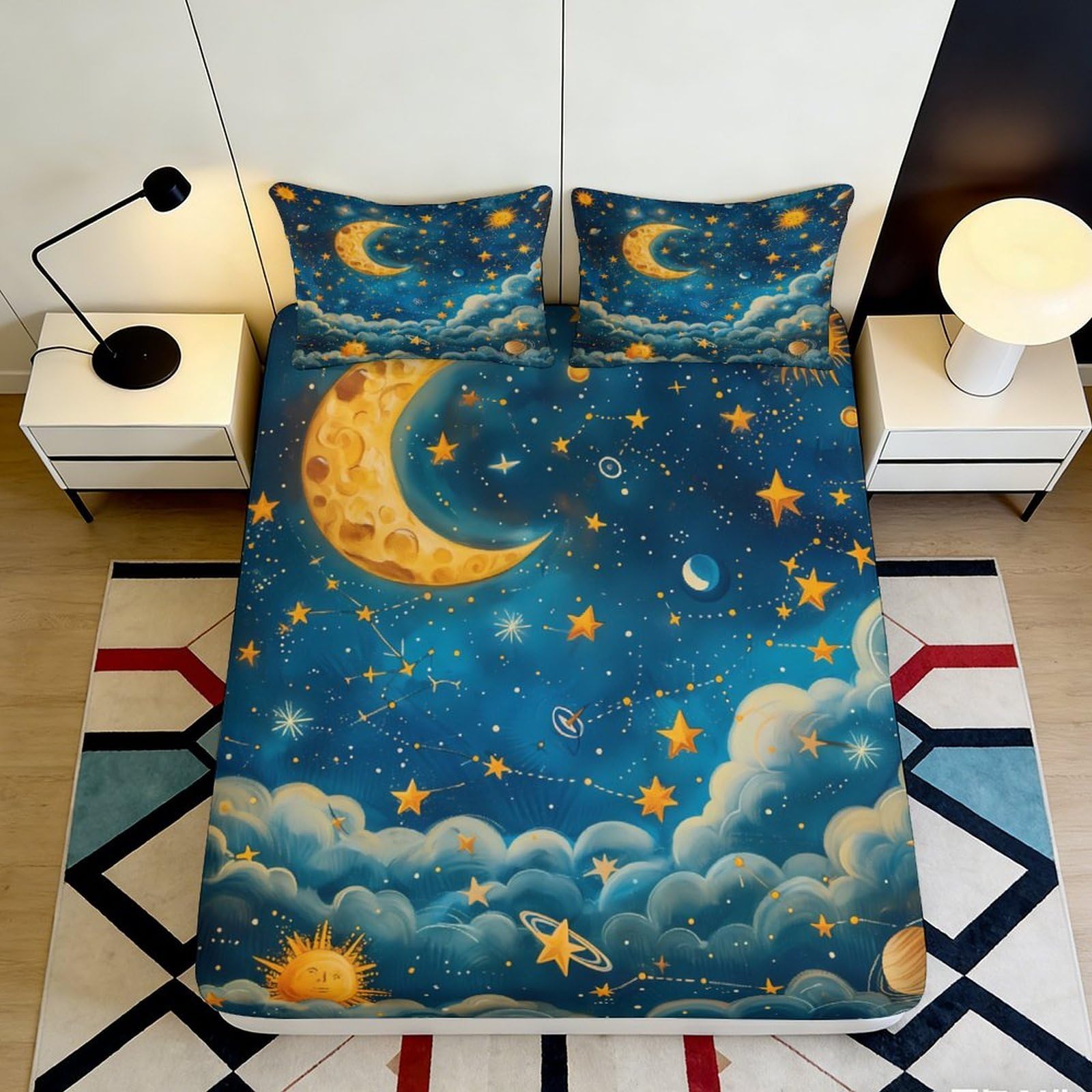 3D Printed Moon Night Sky Fitted Sheet Microfiber Soft Breathable Star Cloud Mattress Cover Bedroom Decor 90x200x25cm