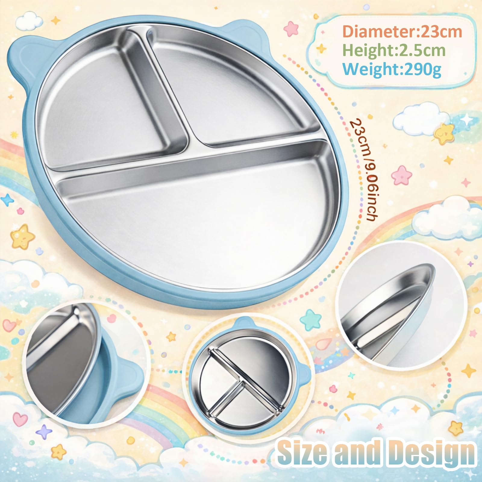 2 piatti per bambini in acciaio inox con ventosa, a prova di caduta, con custodia in silicone rimovibile, lavabili in lavastoviglie