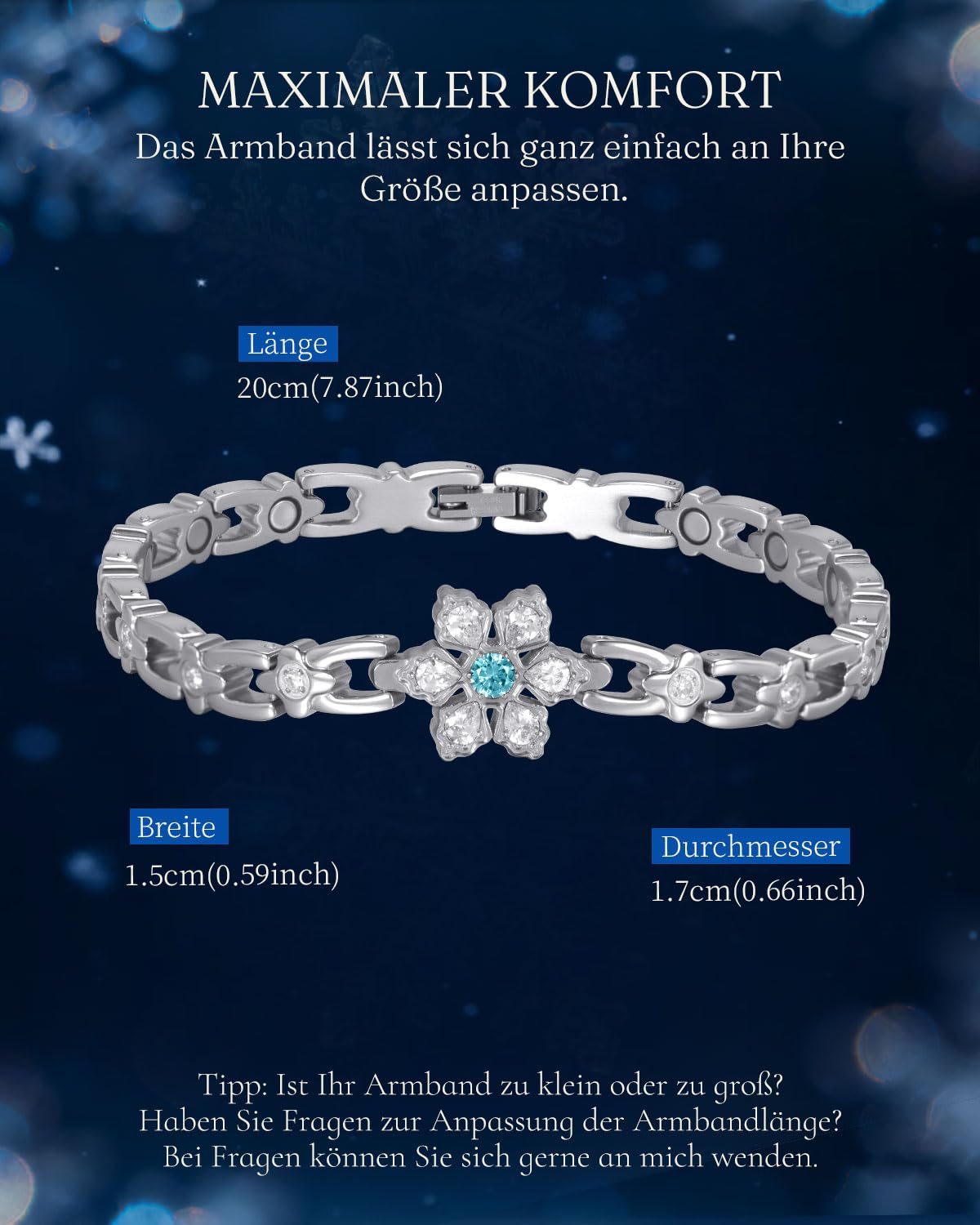 RainSo Bracelet magnétique pour femme - En acier inoxydable - Motif flocon de neige - Décoré avec pierres précieuses et cristaux bleus - Réglable - Avec outil et coffret cadeau
