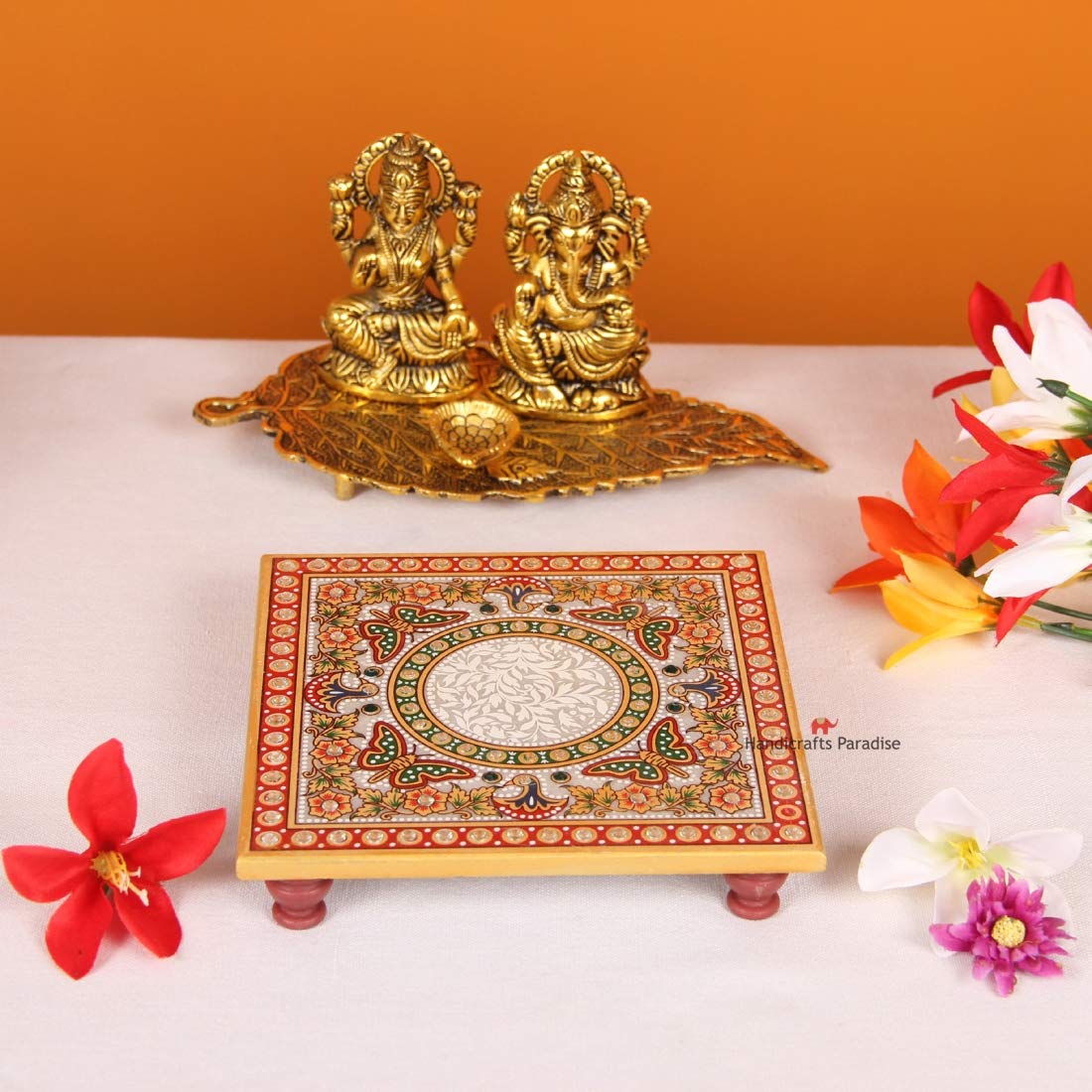 Handicrafts Paradise ( 6 x 6 inch Intricate Butterfly Design Painted Marble Chowki (Multicolour), Home Mandir, Idols Statues Pratima, Bajot for God, Home Décor Showpiece 2
