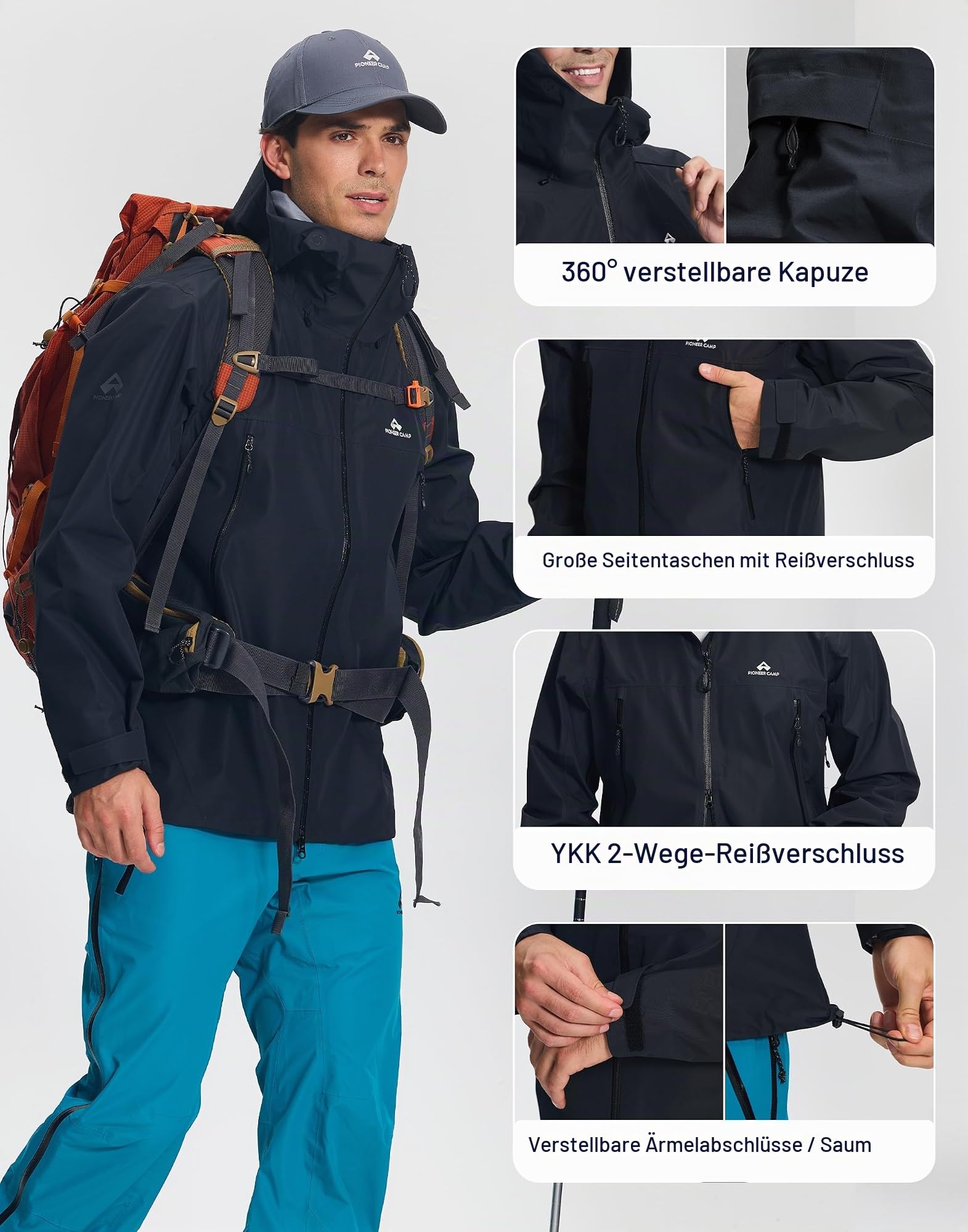 Pioneer Camp Herren Regenjacke 3L Wasserdicht Atmungsaktiv Outdoorjacke für Wandern Trekking Klettern Skifahren