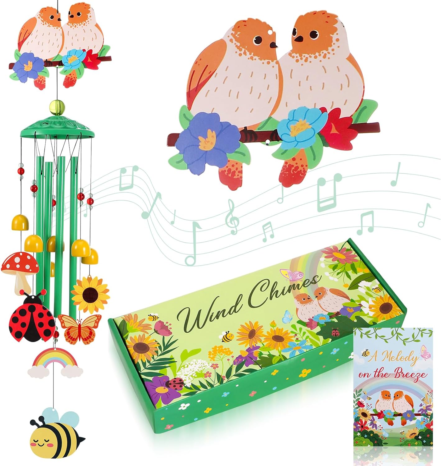 Spring Summer Wind Chimes for Outside, Bunny Floral Pattern Metal Wind Chime with Gift Box, Ideal for Porch Garden Patio Decor