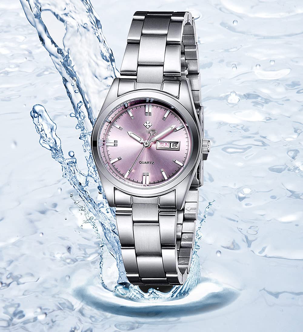 Relojes para mujer, analógico, de cuarzo plateado, de acero inoxidable, luminoso, impermeable, para mujer, Rosado, Movimiento de cuarzo 3