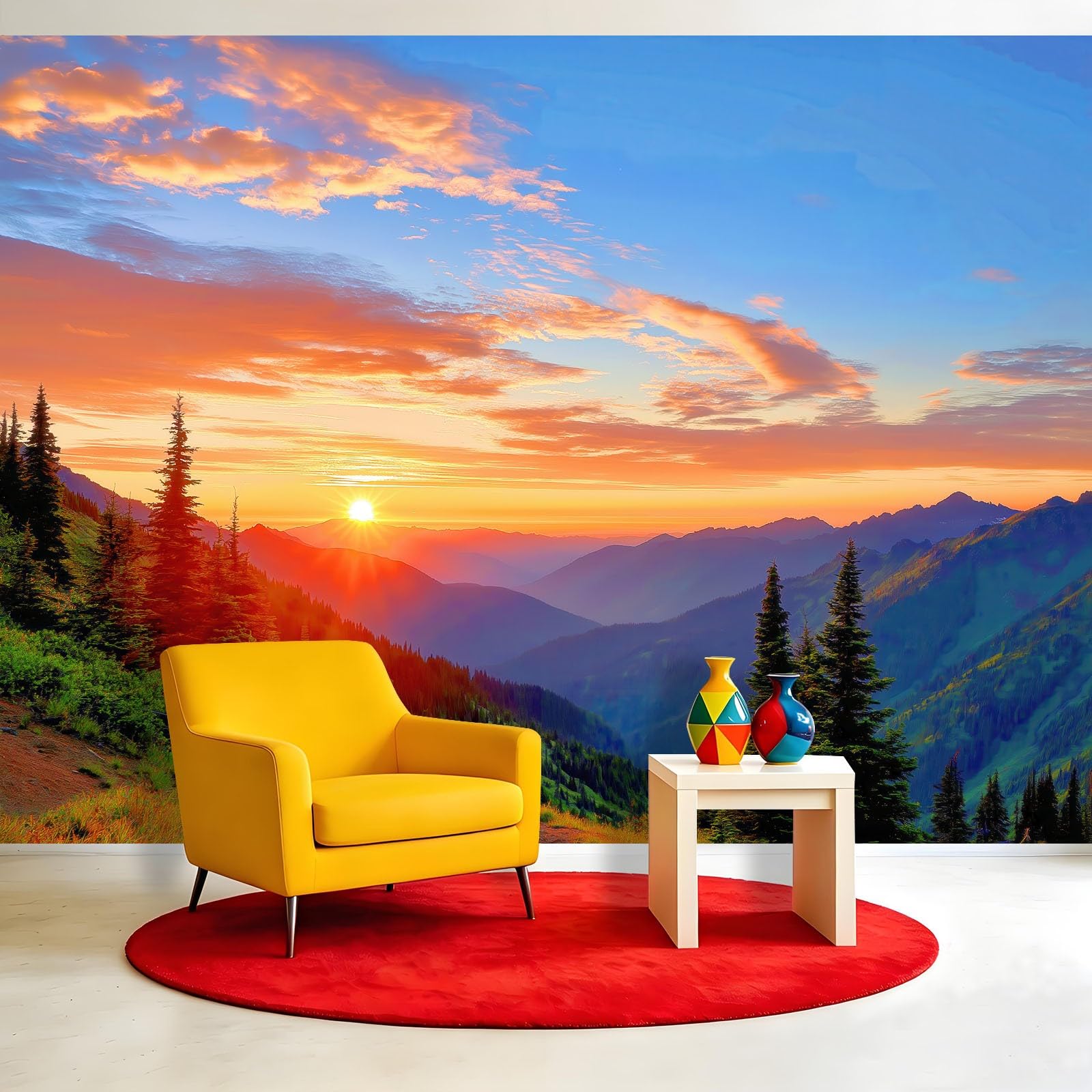 Naturalna sceneria tapeta mural 200 x 140 cm włóknina panoramiczna niestandardowa pokrycie ścian, zachód słońca, różowe chmury, góry, sosny, fototapeta, do salonu, kuchni, jadalni, sypialni, domu