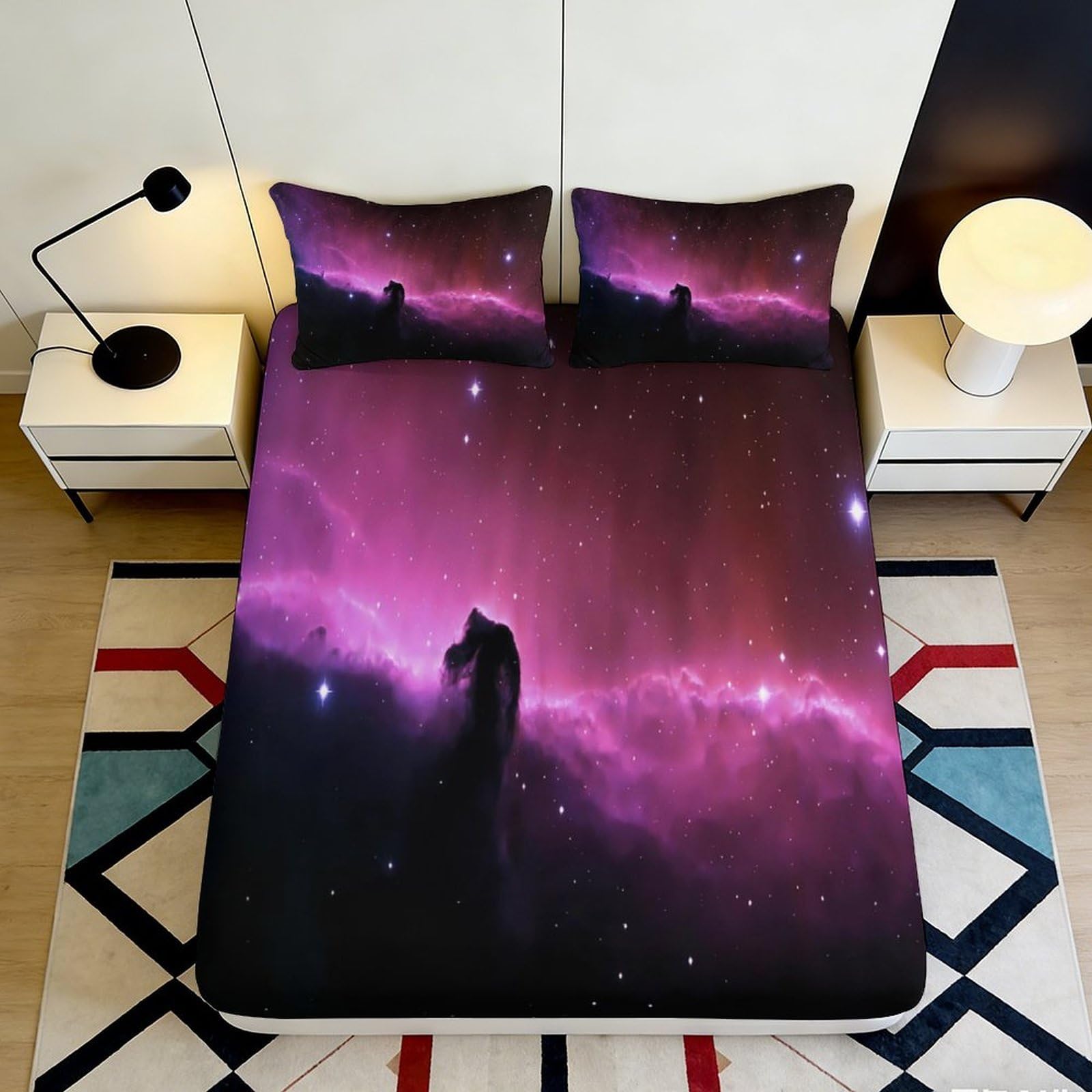 3D Printed Galaxy Fitted Sheet Microfiber Deep Pocket Bedding Nebula Mattress Fitted Cover Non-Slip Full Wrap Washable for Bedroom 140x200x25cm