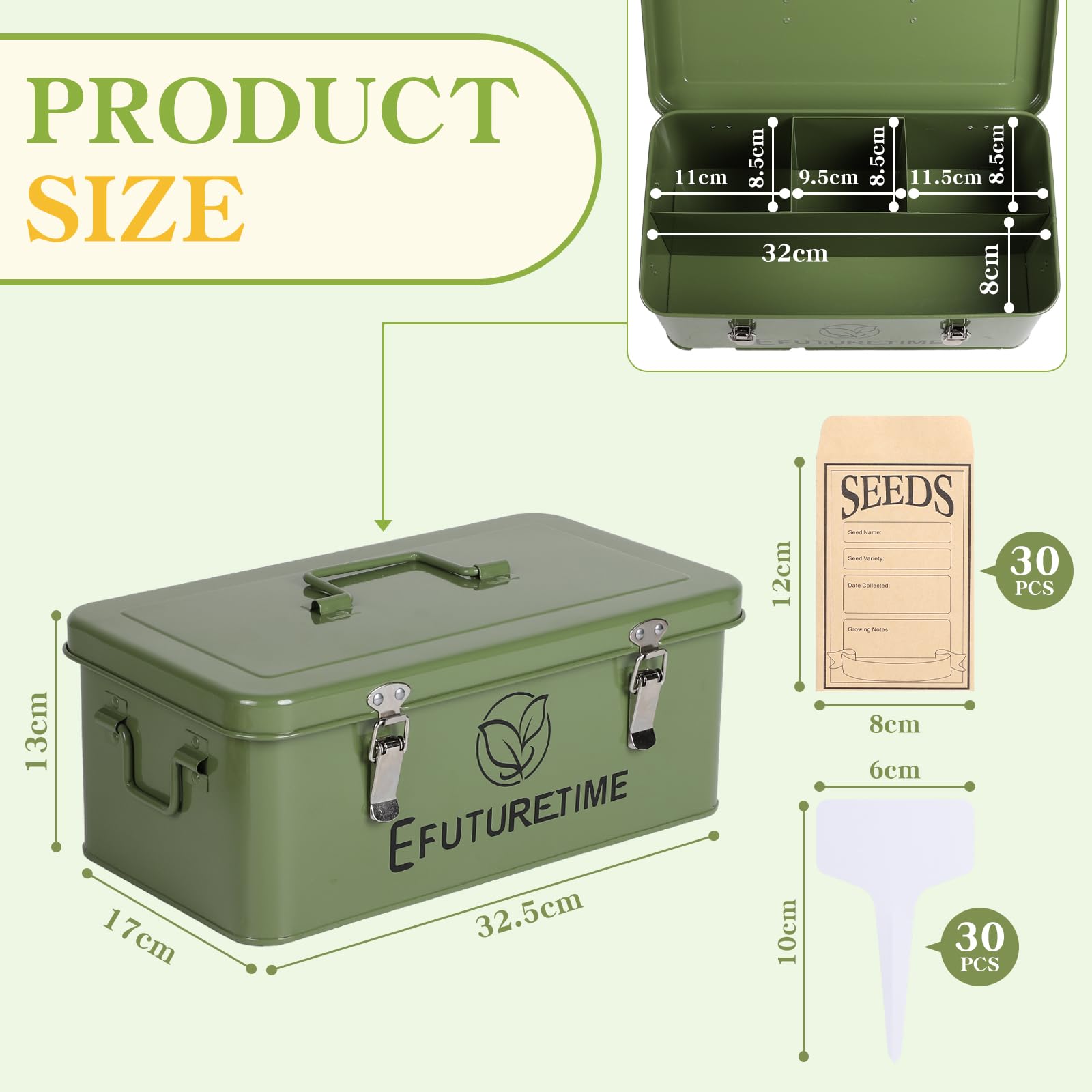 efuturetime Boîte à Graines Potager en métal 32,5×17×13cm, Boîte de Rangement à Graines avec Couvercle, 30 Étiquettes pour Plantes 30 Enveloppes de Graines, Idée Cadeau Jardinage, Vert