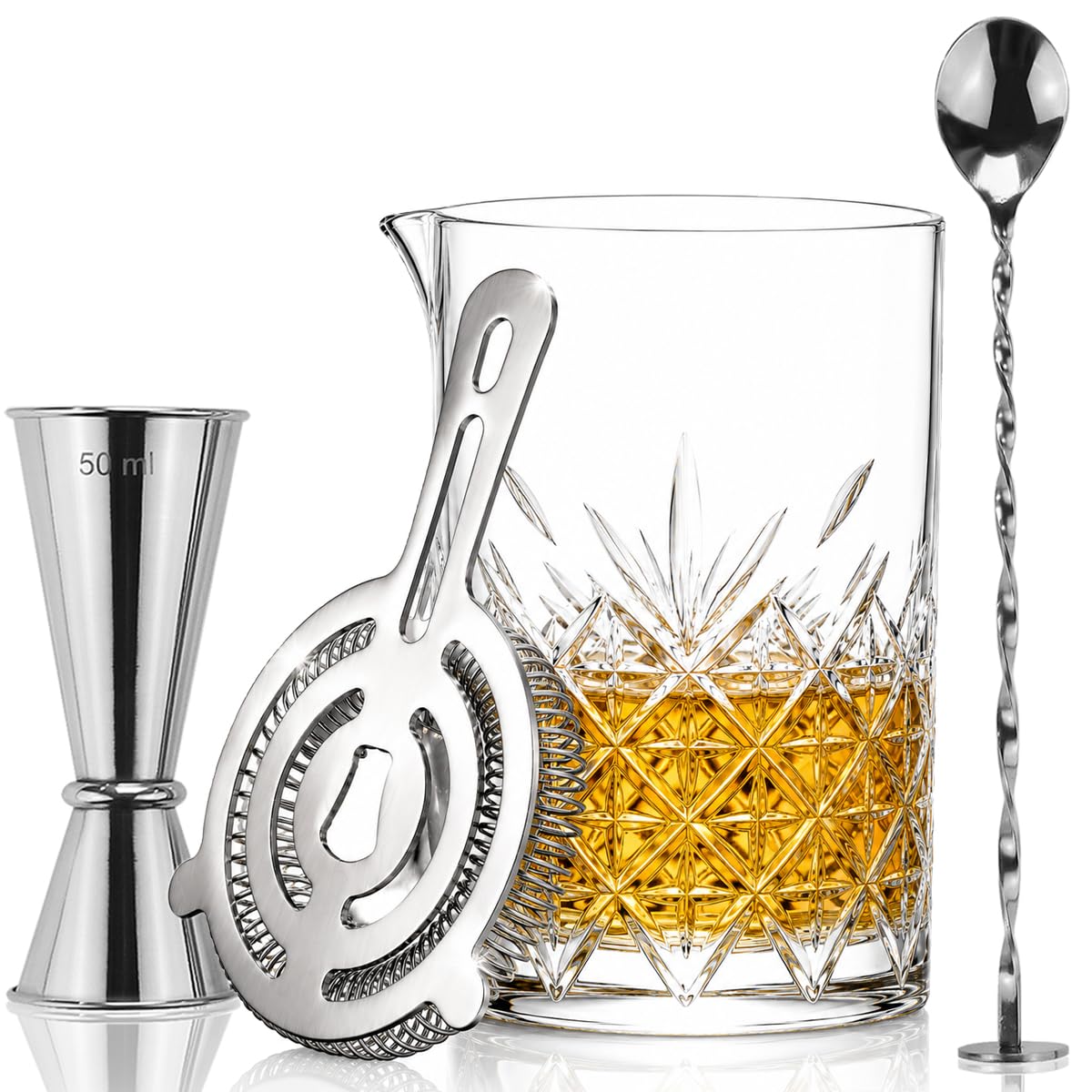 FLOW Barware Glass 4Piece Cocktail Mixing Set, Silver, 700 ml Mixing Glass, Hawthorne Strainer, Japanese Drinks Jigger & Mixing Spoon