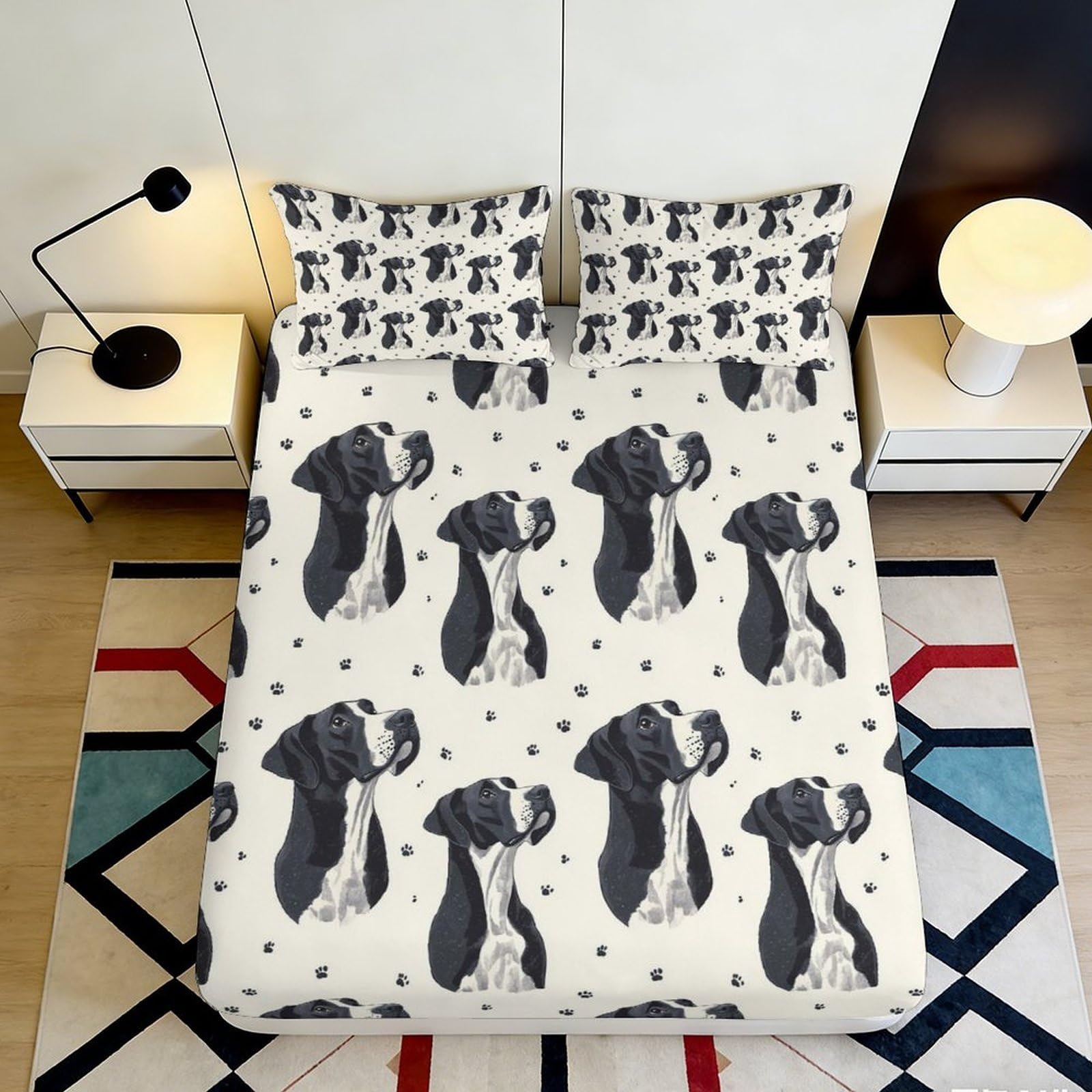 3D Printed Dog Portrait Fitted Sheet Microfiber Anti-Slip Bedroom Decor Paw Print Mattress Cover for Home Dorm 90x200x25cm