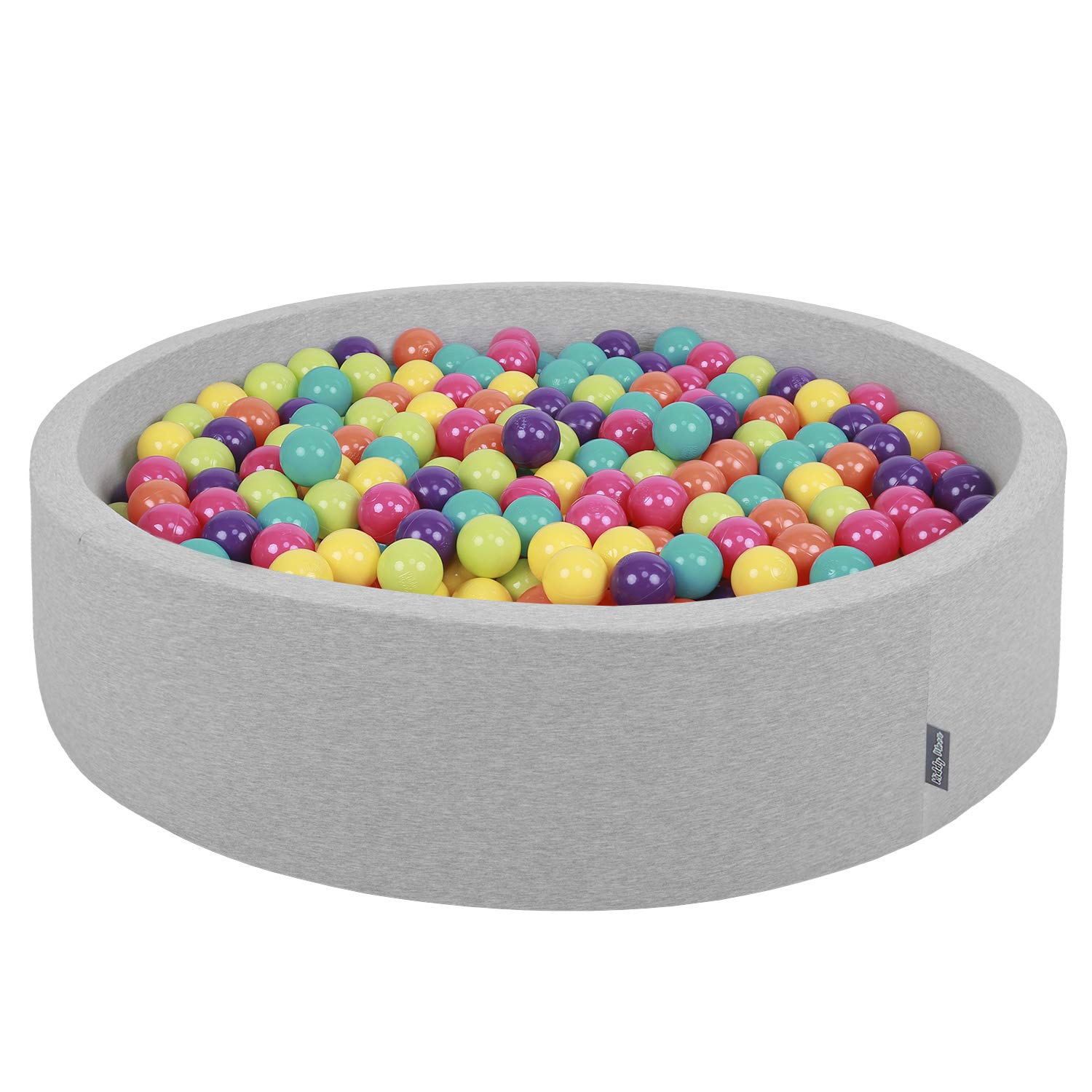 KiddyMoon Soft Ball Pit Round 120X30cm/200 Balls ∅ 7Cm / 2.75In For Kids, Foam Ball Pool Baby Playballs Children, Made In The EU, Lgrey:Lgreen-Yelow-Turquoise-Orange-Dpink-Purple
