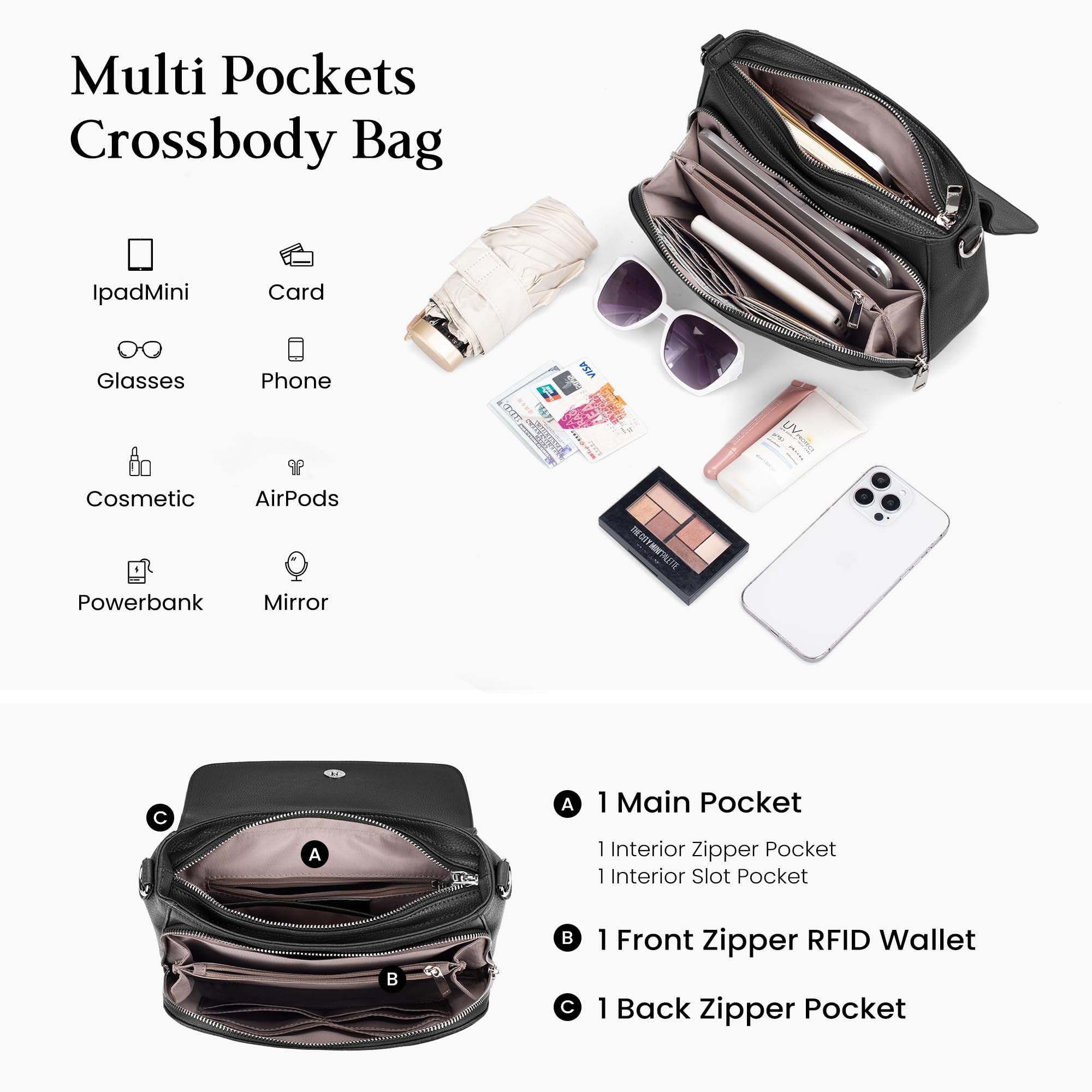 befen Torby crossbody z prawdziwej skóry dla kobiet z wbudowanym portfelem RFID, średnia damska torba podsiodłowa, torebka na ramię