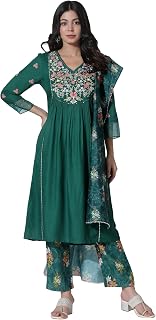 W for Woman Emerald Green Panelled Embroidered Kurta, Pants and Printed Chanderi Dupatta Price In India