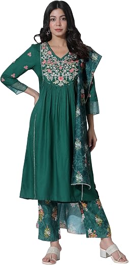 W for Woman Emerald Green Panelled Embroidered Kurta, Pants and Printed Chanderi Dupatta