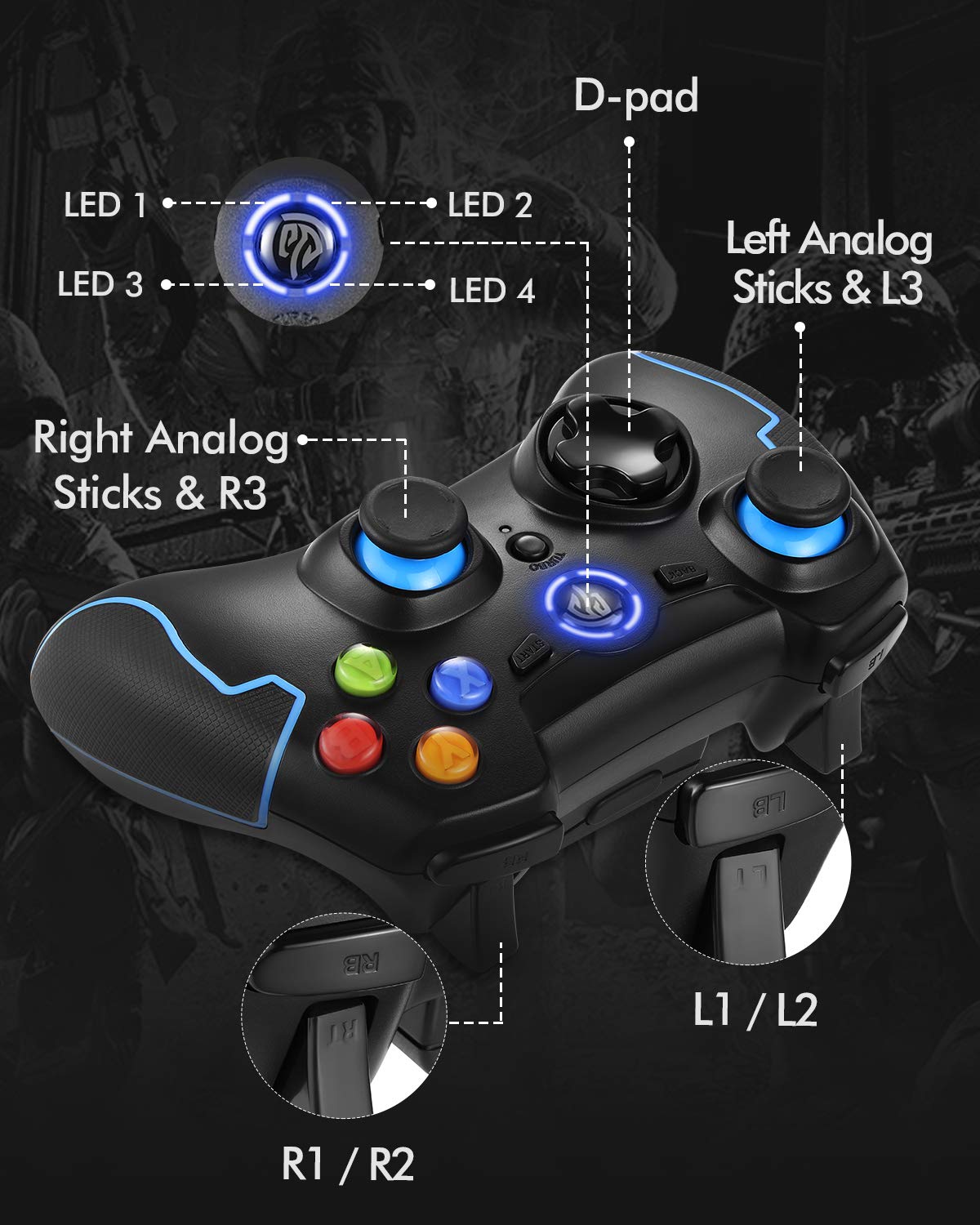 EasySMX Mando para PC, [Regalos de Reyes] Mando Inalámbrico PS3 Gamepad Wireless Compatible con Windows XP y Vista, Windows 7/8/8.1/10 y 10, PS3, Android y Operación Rango hasta 10M (Azul)