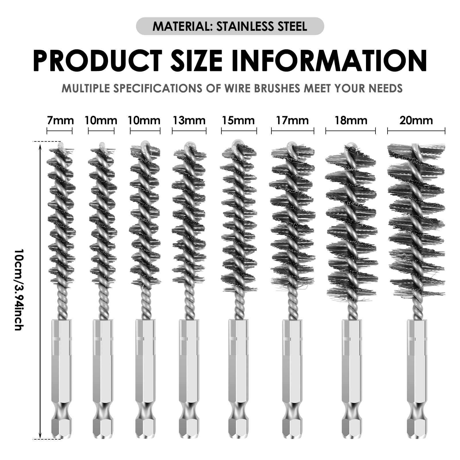 8 Pcs Stainless Steel Bore Brush Set for Drill 1/4 inch Hex Shank Wire Bore Brush Set 8 Sizes Cleaning Wire Brushes Automotive Rust for Tube Cleaning