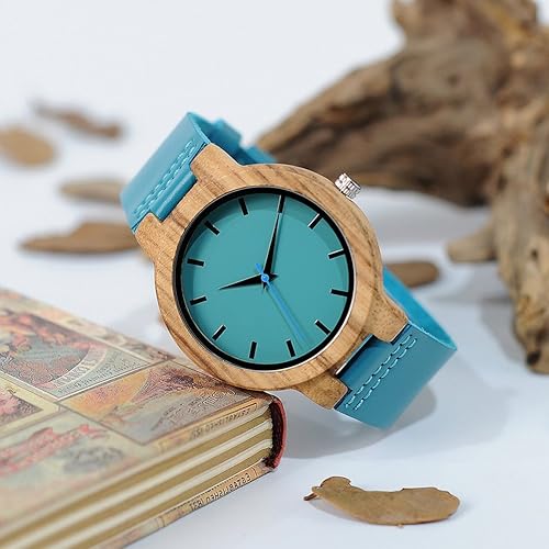 Miniatura 6 de BOBO BIRD Reloj de madera de bambú para hombre y mujer con correa de piel de vacuno azul relojes casuales para amor con caja